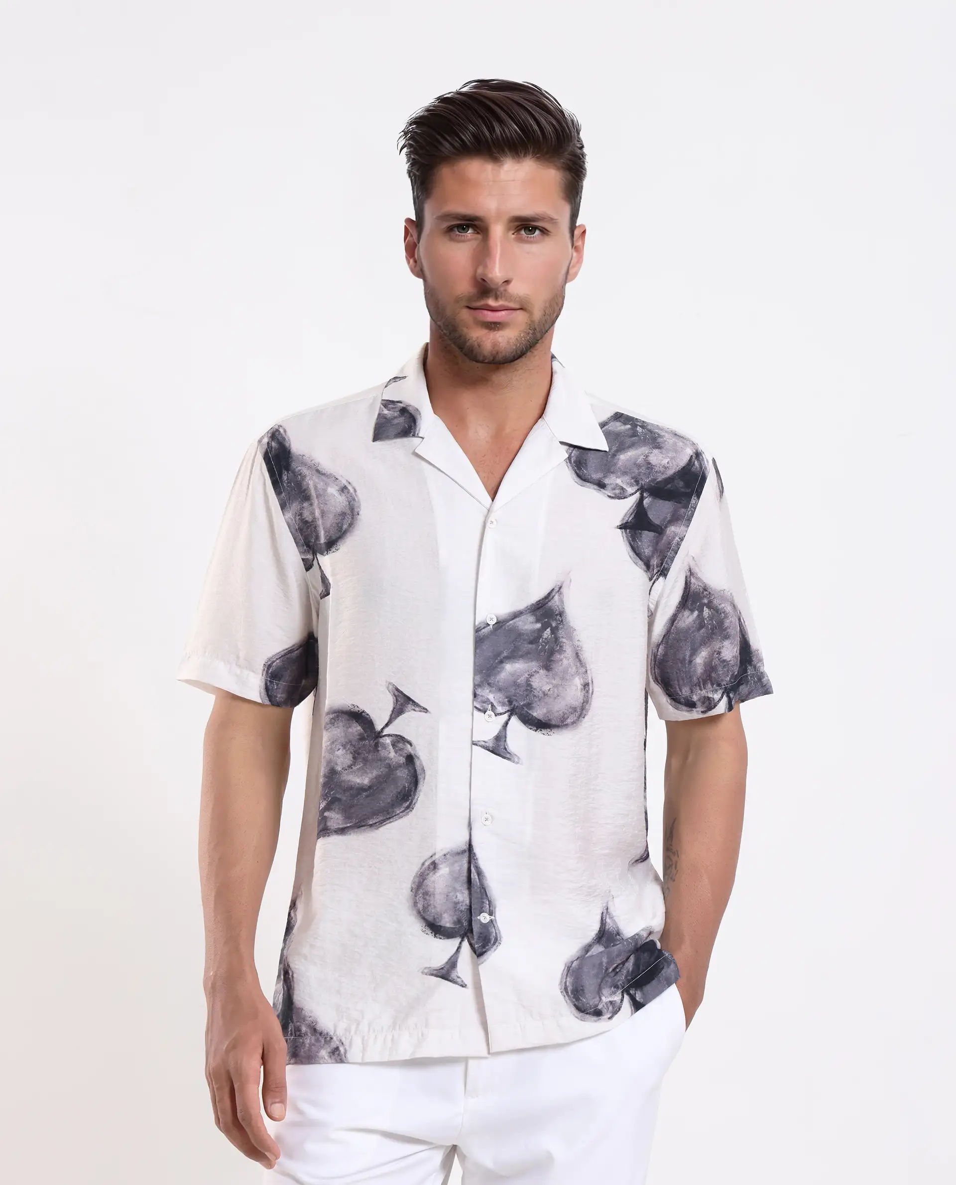 Rare Rabbit Men's Diam White Viscose Digital Print Regular Fit Half Sleeve Cuban Collar Shirt - Image 5