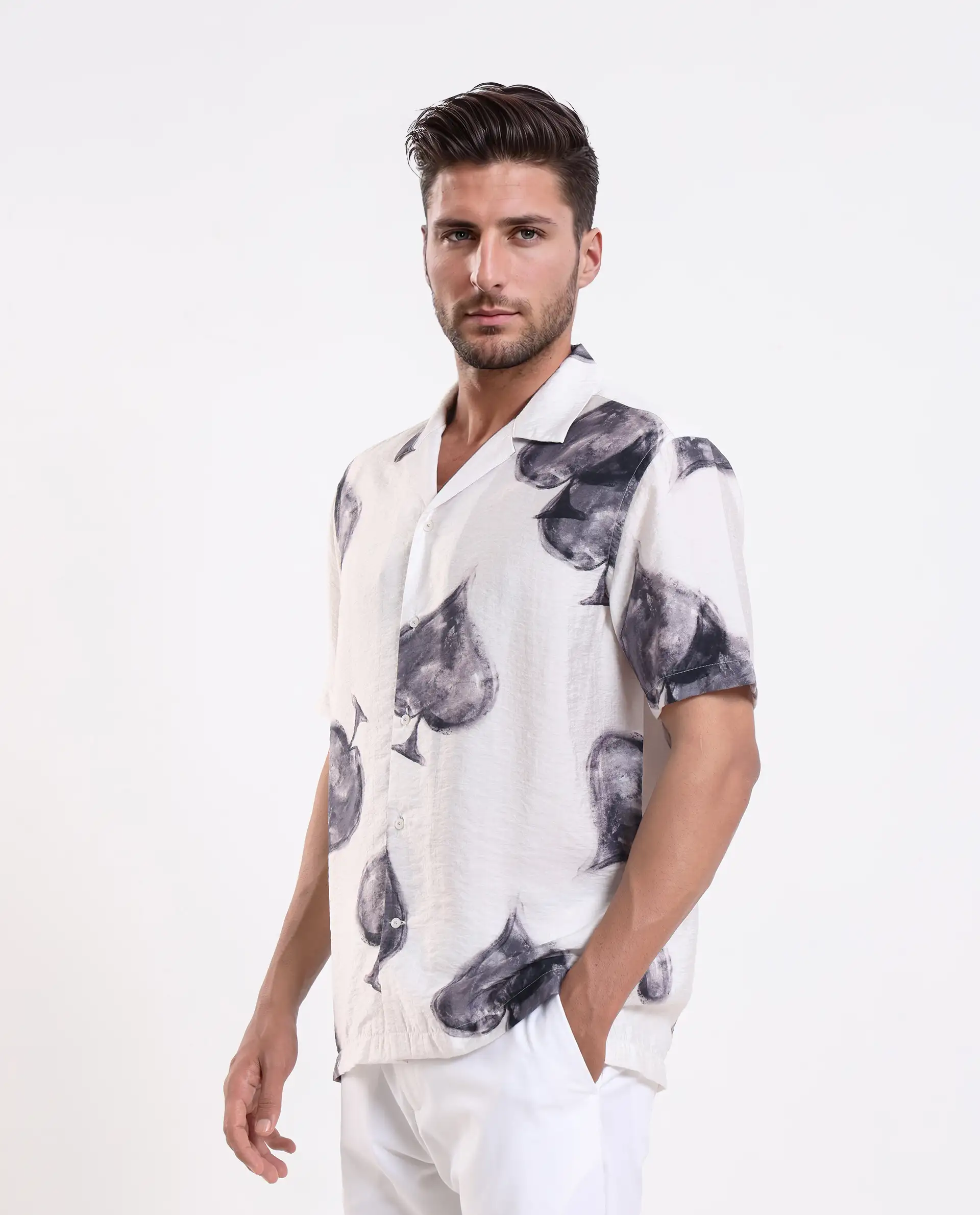 Rare Rabbit Men's Diam White Viscose Digital Print Regular Fit Half Sleeve Cuban Collar Shirt - Image 6