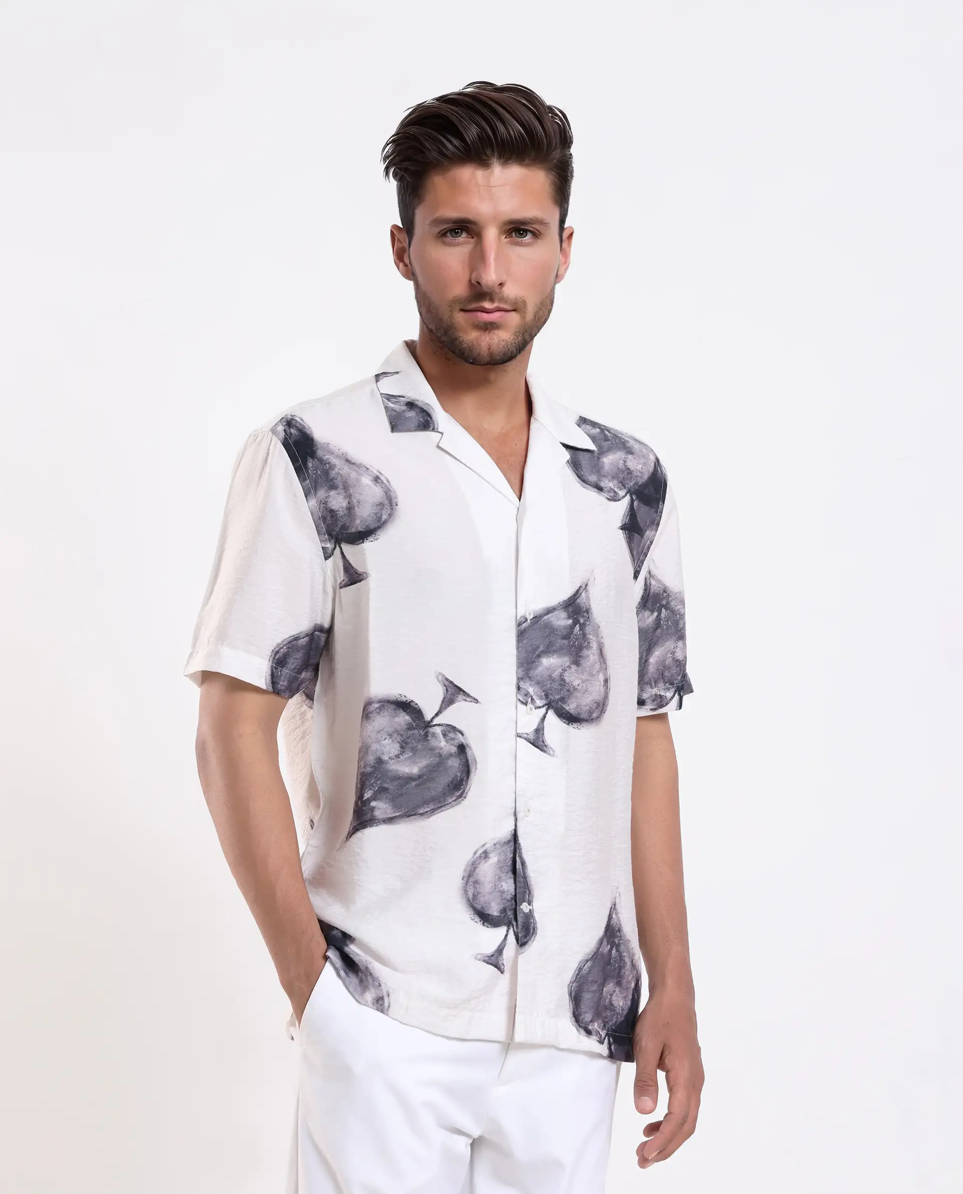 Rare Rabbit Men's Diam White Viscose Digital Print Regular Fit Half Sleeve Cuban Collar Shirt - Image 7