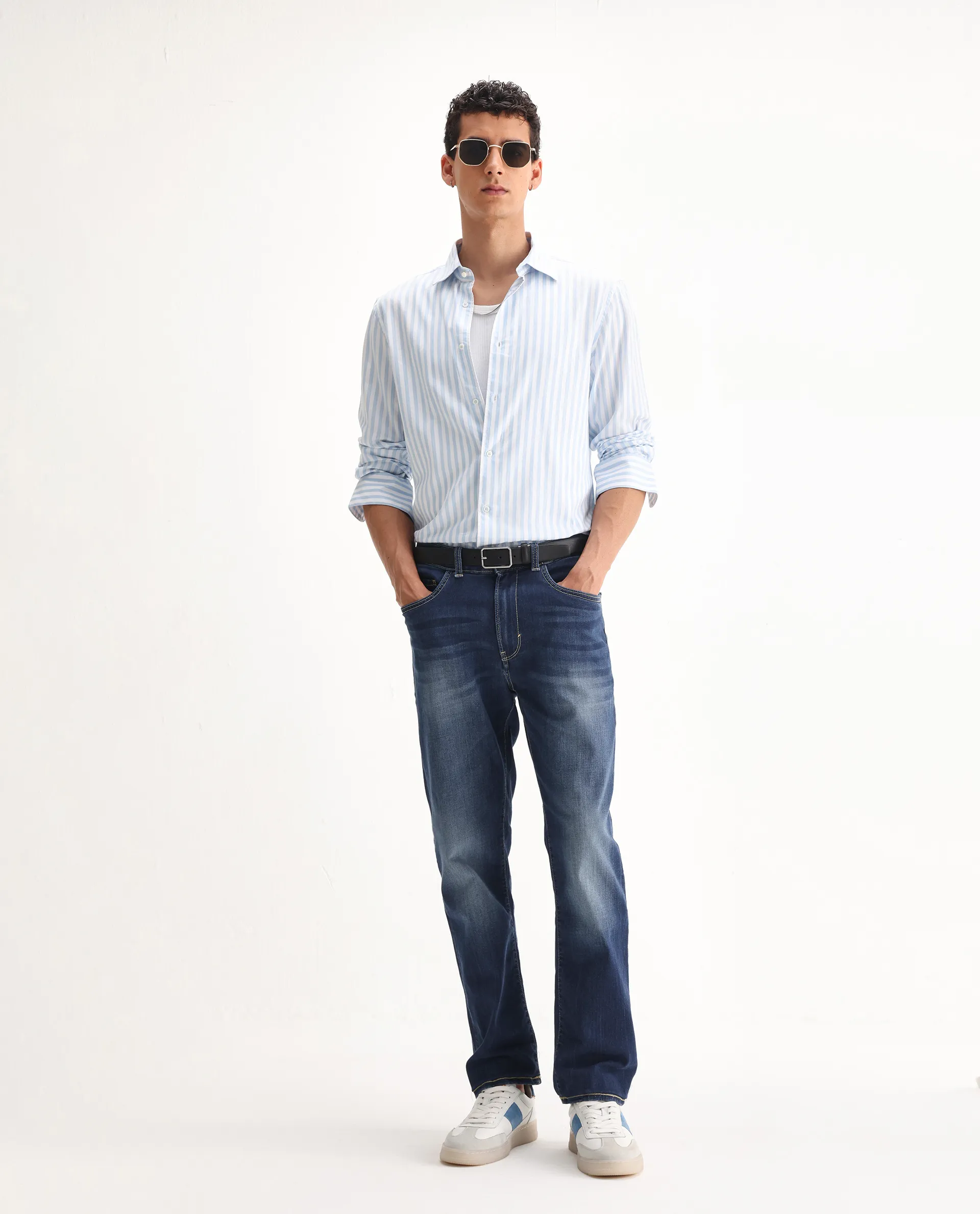 Rare Rabbit Men's Dieme Blue Cotton Plain Morris Regular Fit Jeans