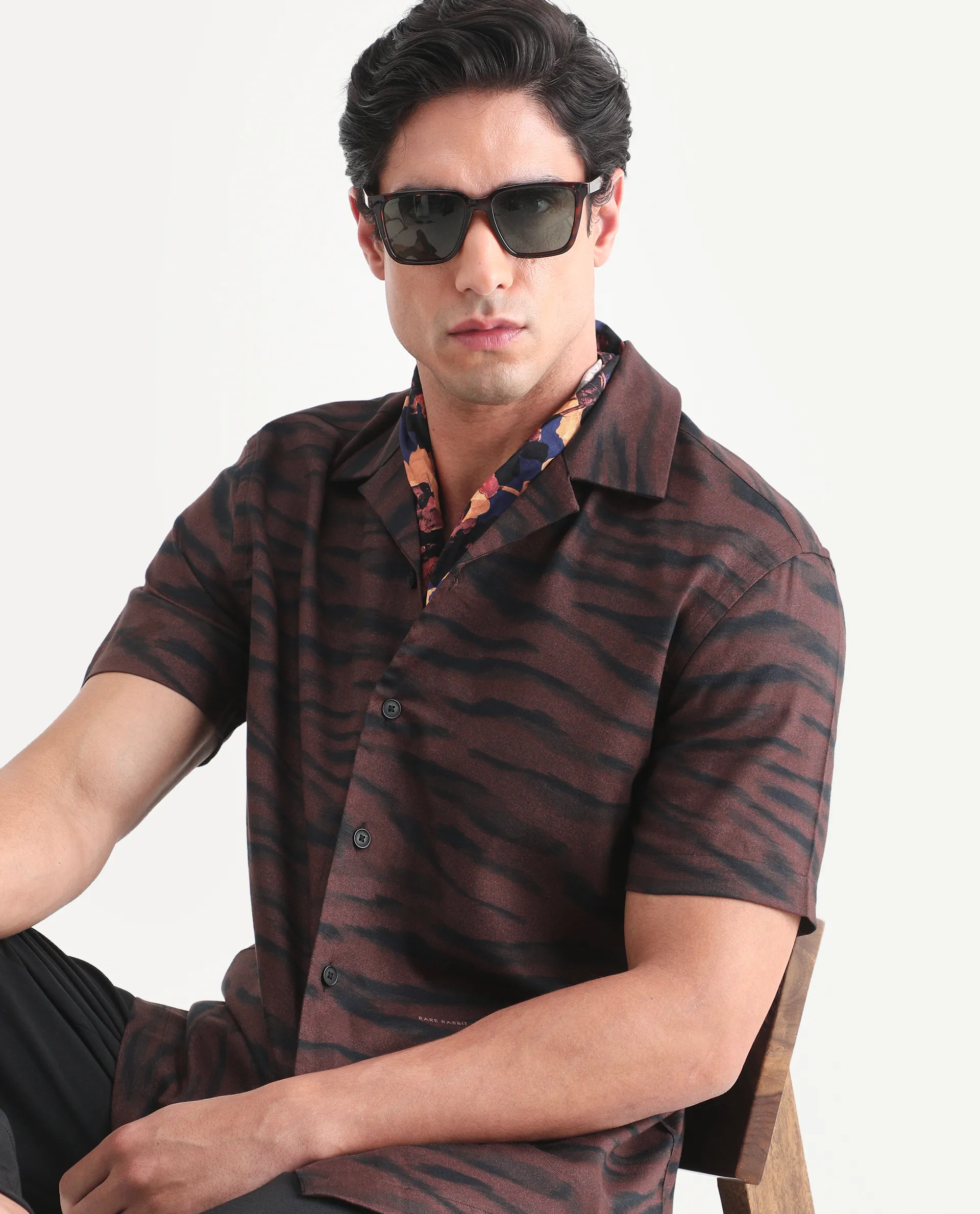 Rare Rabbit Men's Dins Dusky Maroon Cotton Blend Fabric Half Sleeve Cuban Collar Regular Fit Abstract Print Shirt