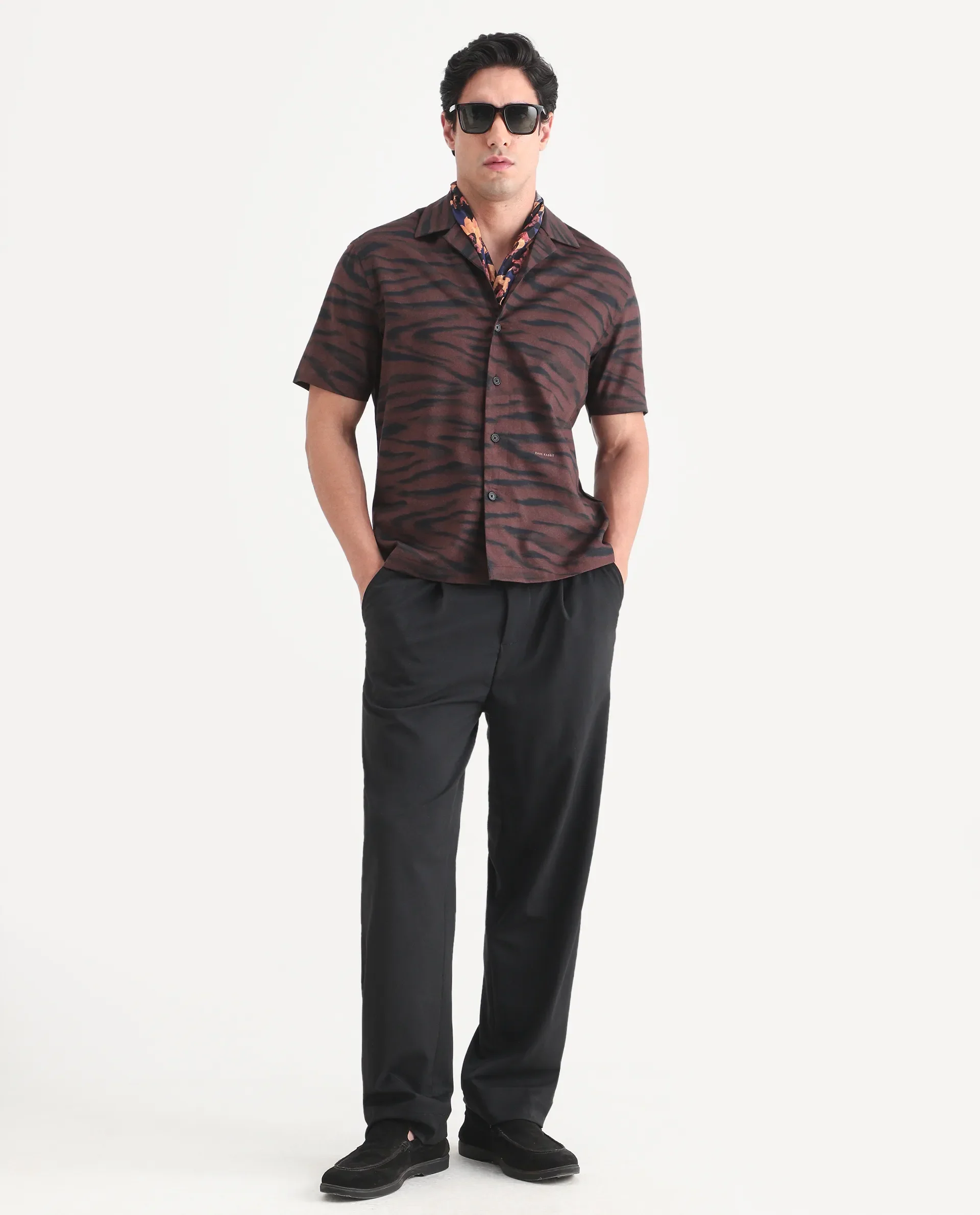 Rare Rabbit Men's Dins Dusky Maroon Cotton Blend Fabric Half Sleeve Cuban Collar Regular Fit Abstract Print Shirt - Image 2