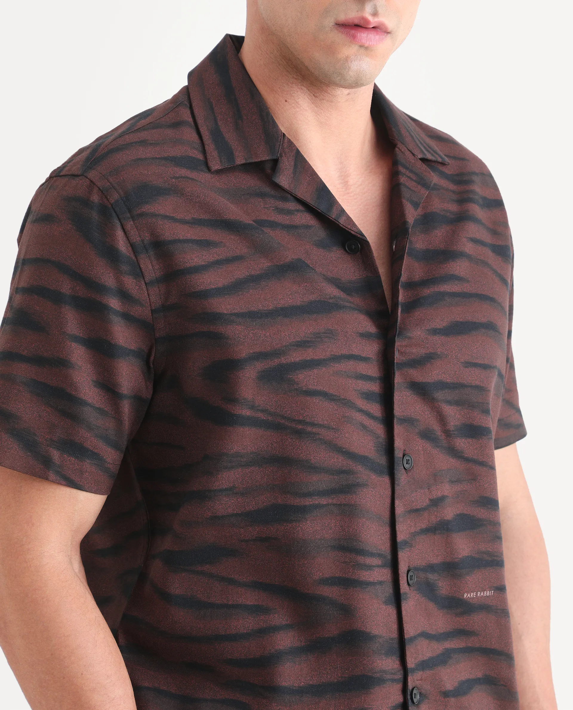 Rare Rabbit Men's Dins Dusky Maroon Cotton Blend Fabric Half Sleeve Cuban Collar Regular Fit Abstract Print Shirt - Image 3