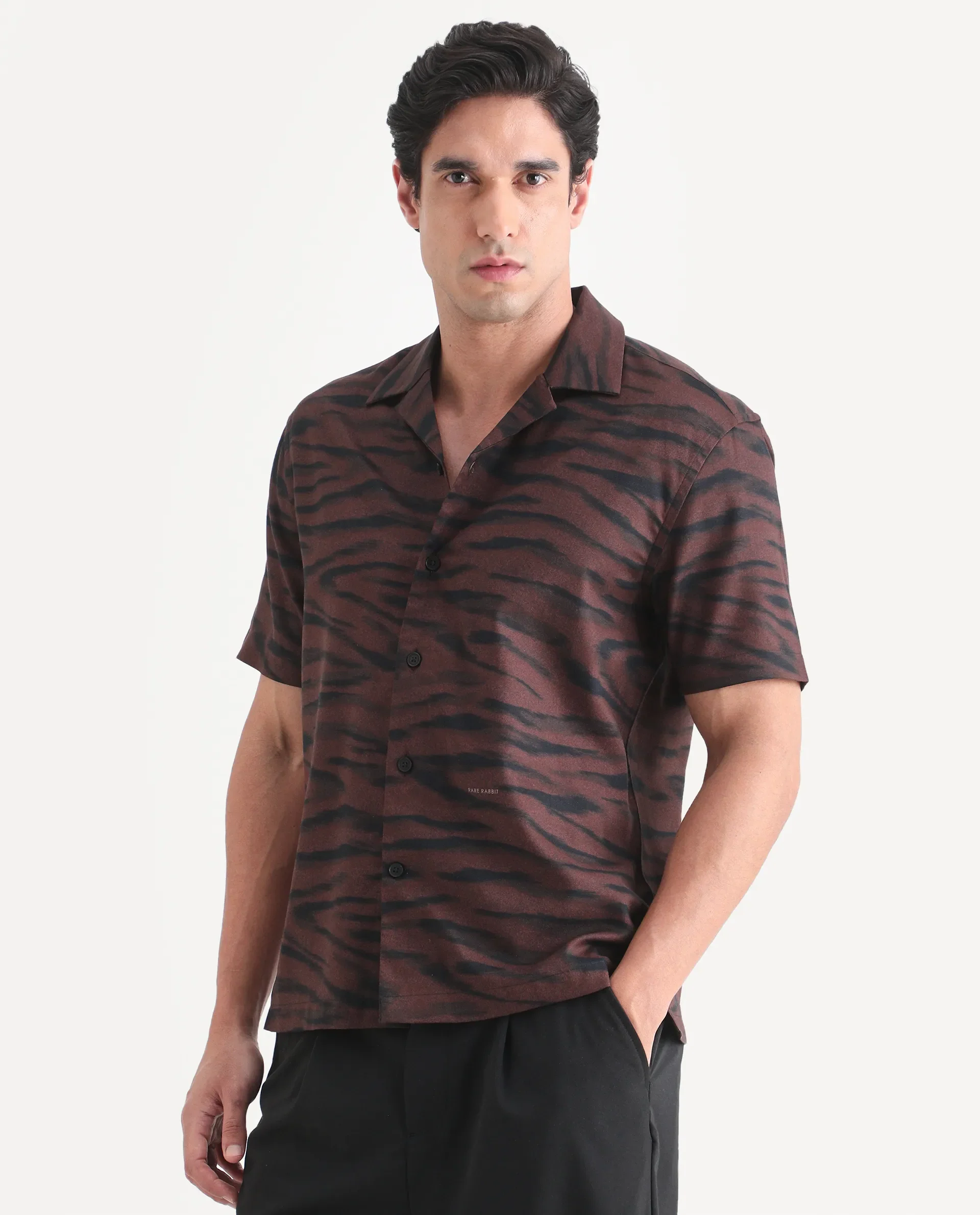 Rare Rabbit Men's Dins Dusky Maroon Cotton Blend Fabric Half Sleeve Cuban Collar Regular Fit Abstract Print Shirt - Image 4