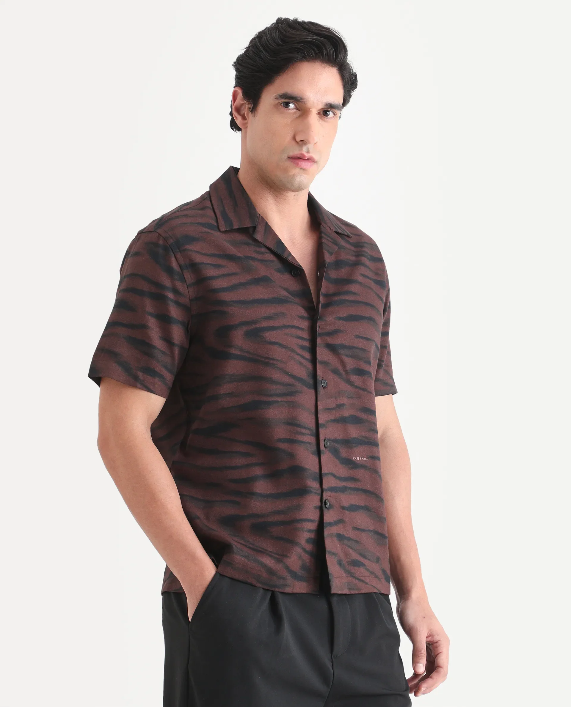 Rare Rabbit Men's Dins Dusky Maroon Cotton Blend Fabric Half Sleeve Cuban Collar Regular Fit Abstract Print Shirt - Image 5