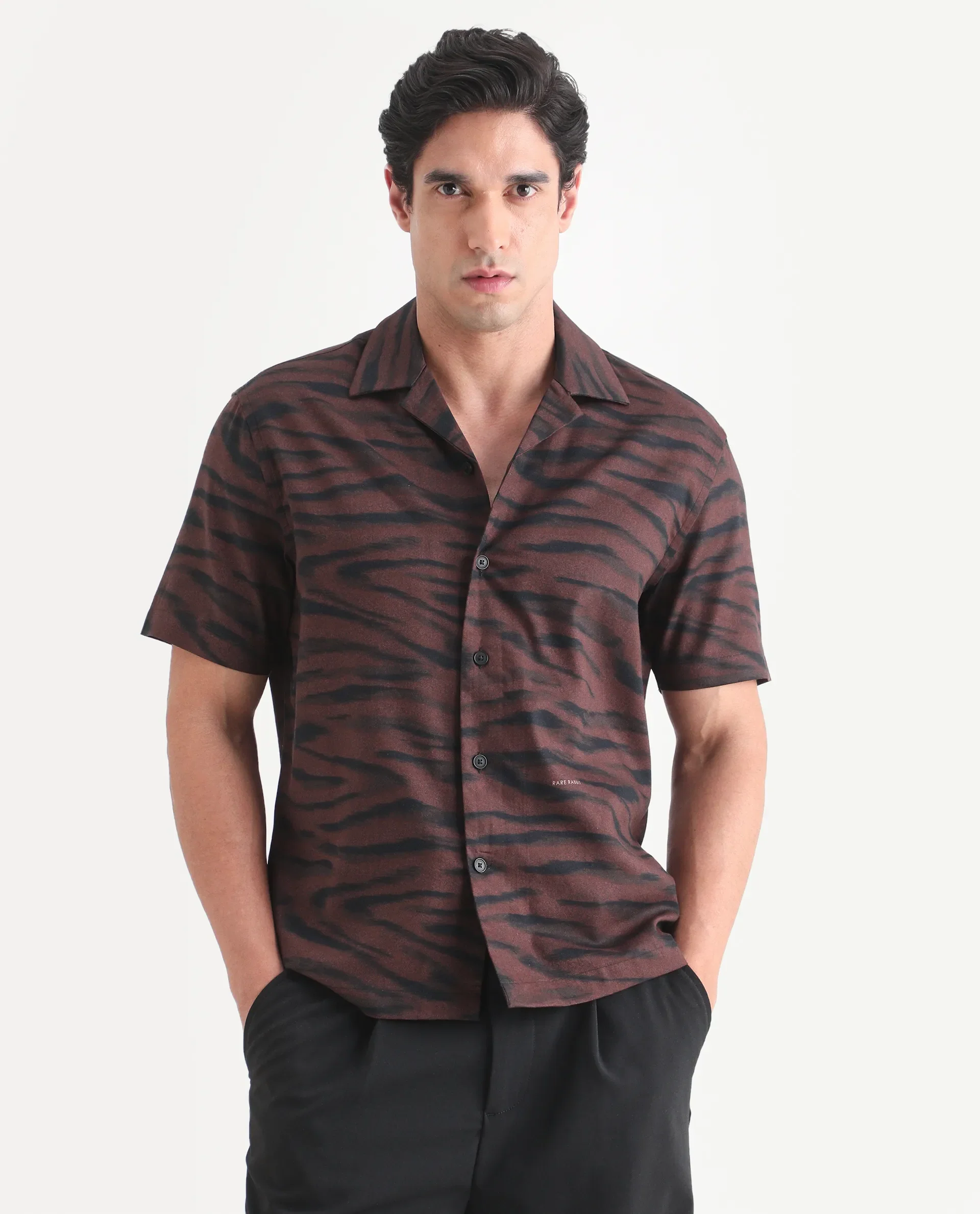Rare Rabbit Men's Dins Dusky Maroon Cotton Blend Fabric Half Sleeve Cuban Collar Regular Fit Abstract Print Shirt - Image 6