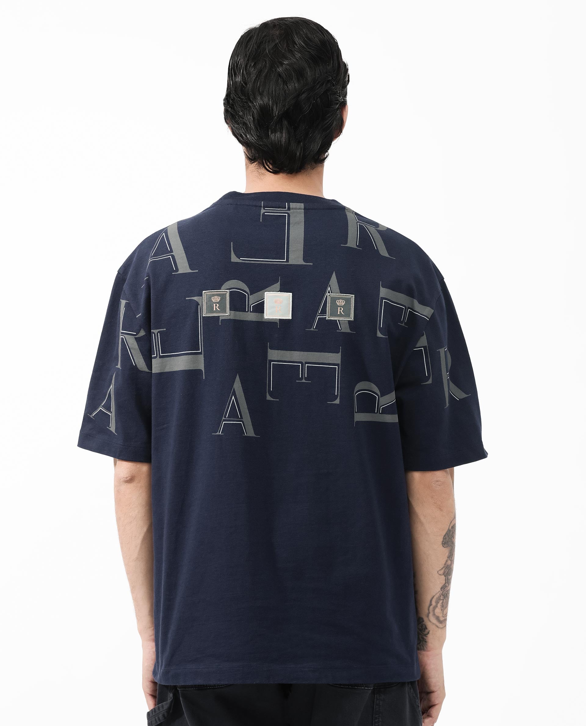 Rare Rabbit Articale Men's Dis Navy Cotton Polyester Fabric Crew Neck Oversized Fit Typography Print T-Shirt - Image 2