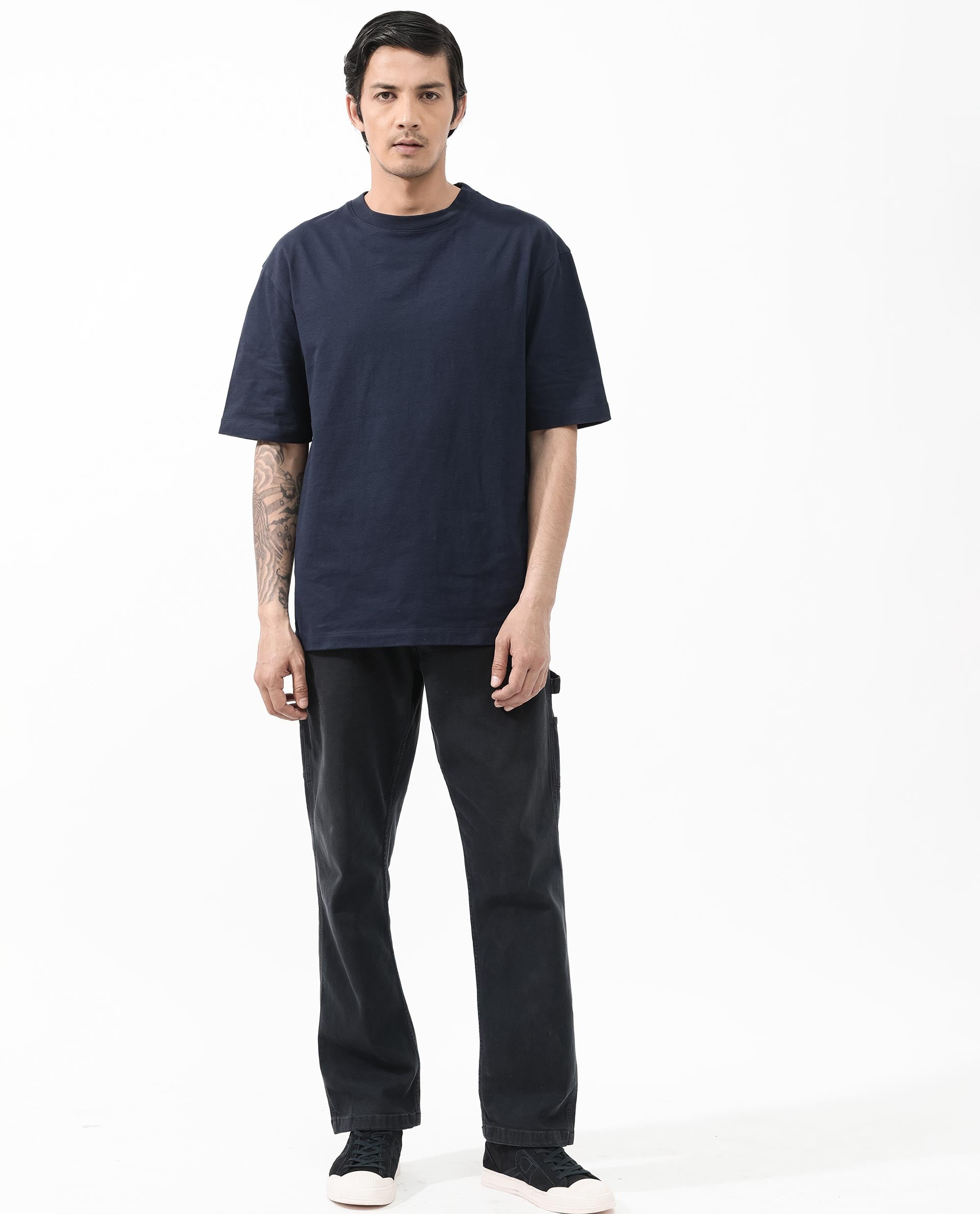 Rare Rabbit Articale Men's Dis Navy Cotton Polyester Fabric Crew Neck Oversized Fit Typography Print T-Shirt - Image 3