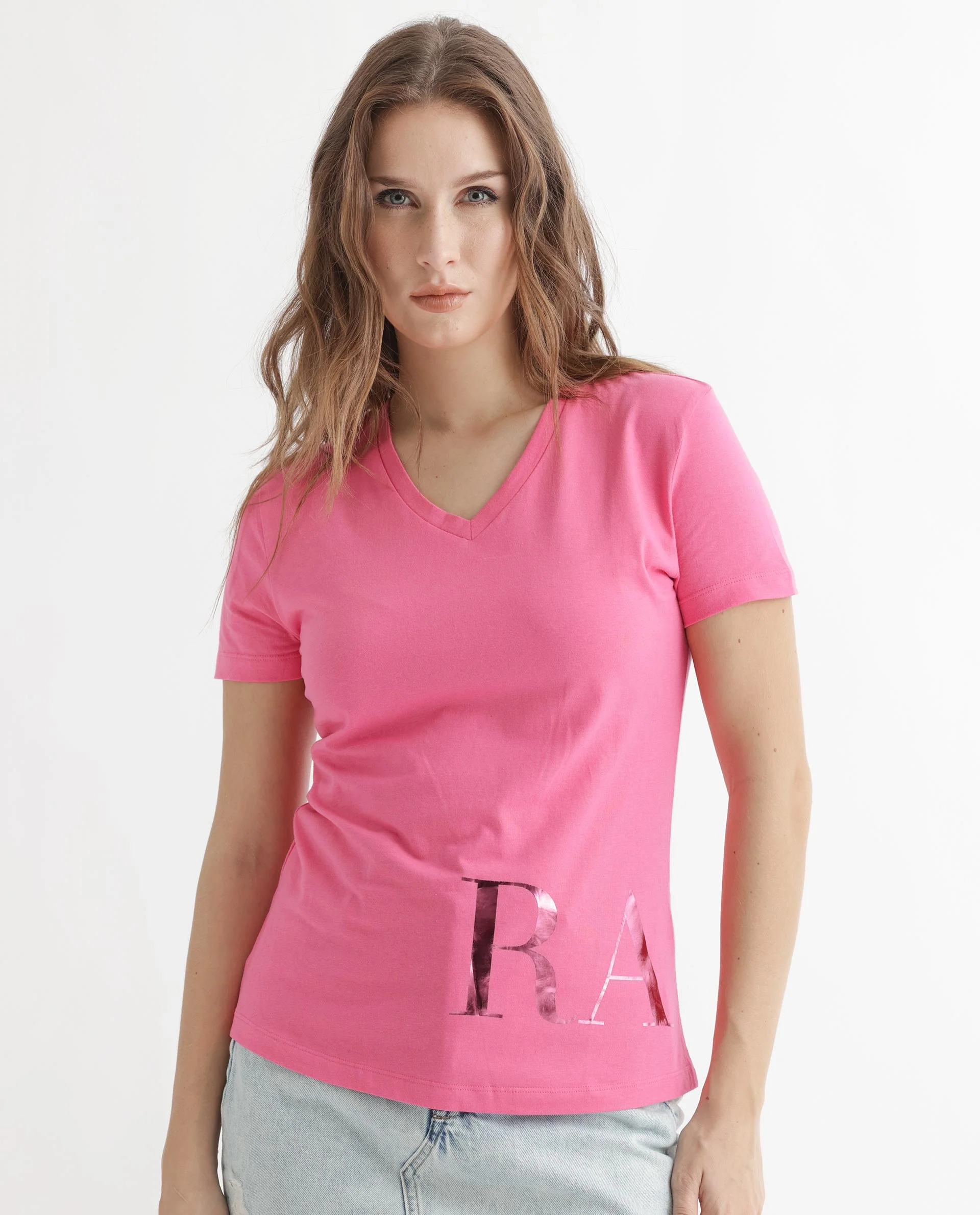 Rareism Women's Donovan Pink Cotton Crew Neck Graphic Print Regular Fit T-Shirt