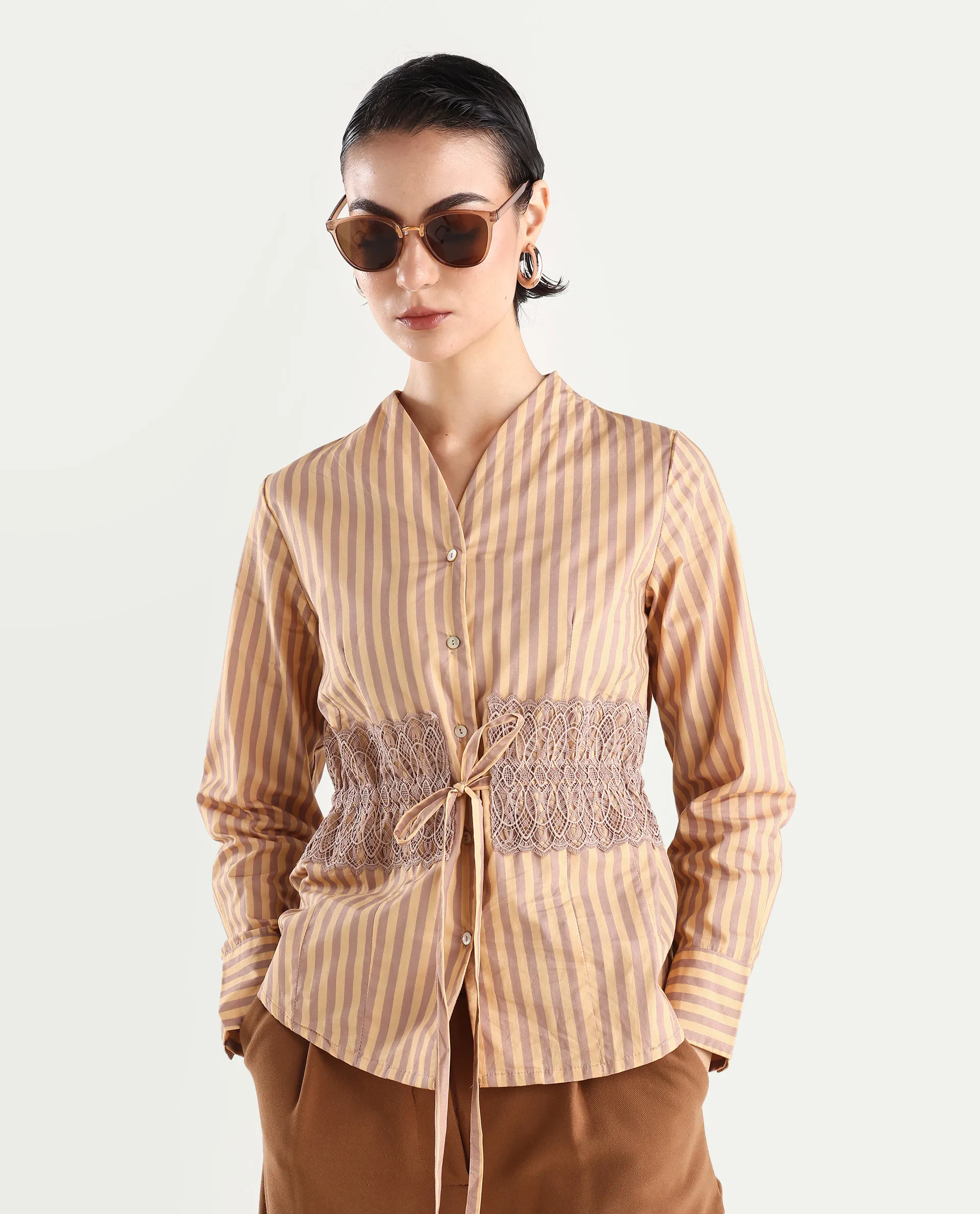 Rareism Women's Dooze Tan Cotton V-Neck Striped Cuffed Sleeve Regular Fit Top
