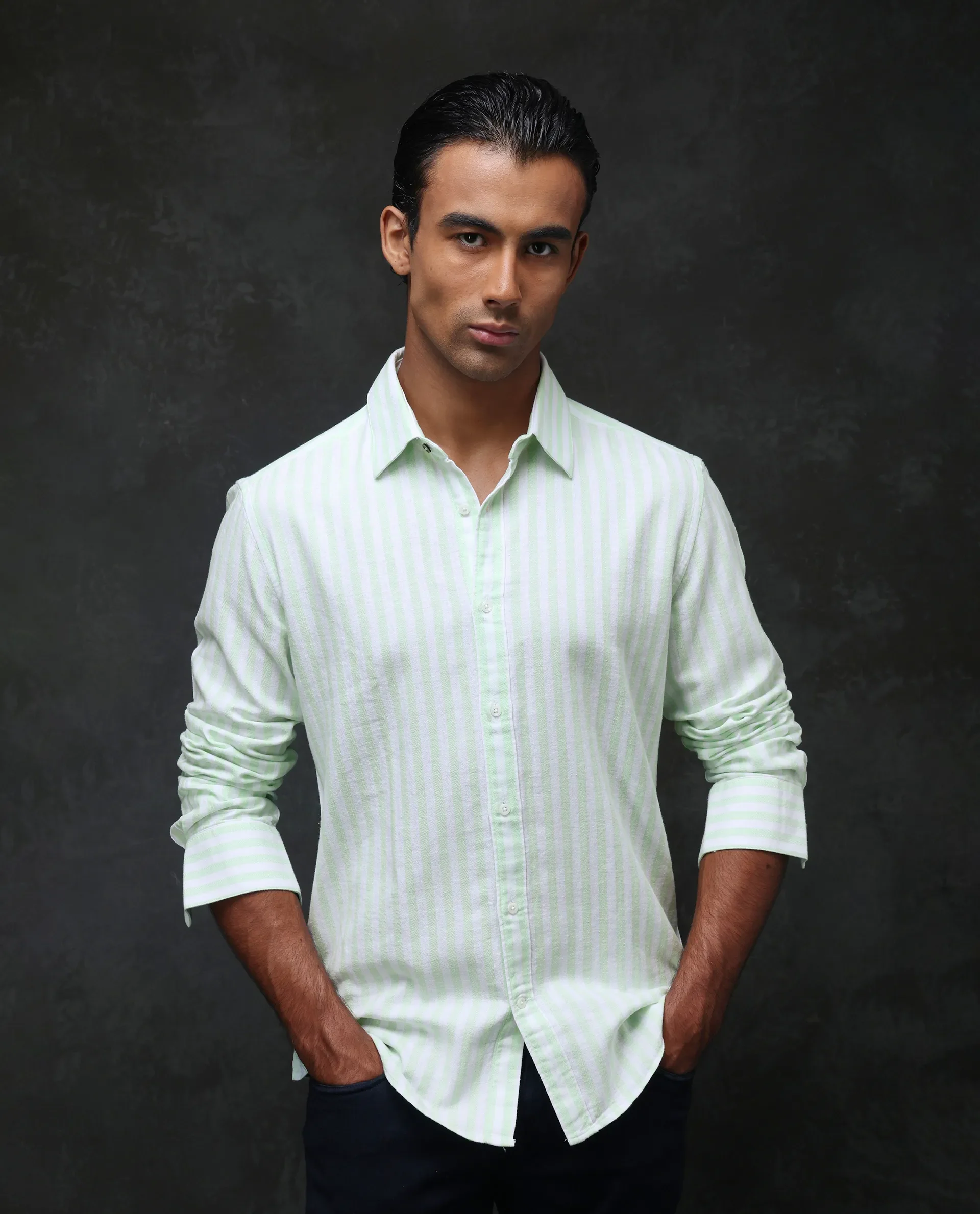 Rare Rabbit Men's Dopple Pastel Green Linen Blend Striped Print Regular Fit Full Sleeve Collared Shirt