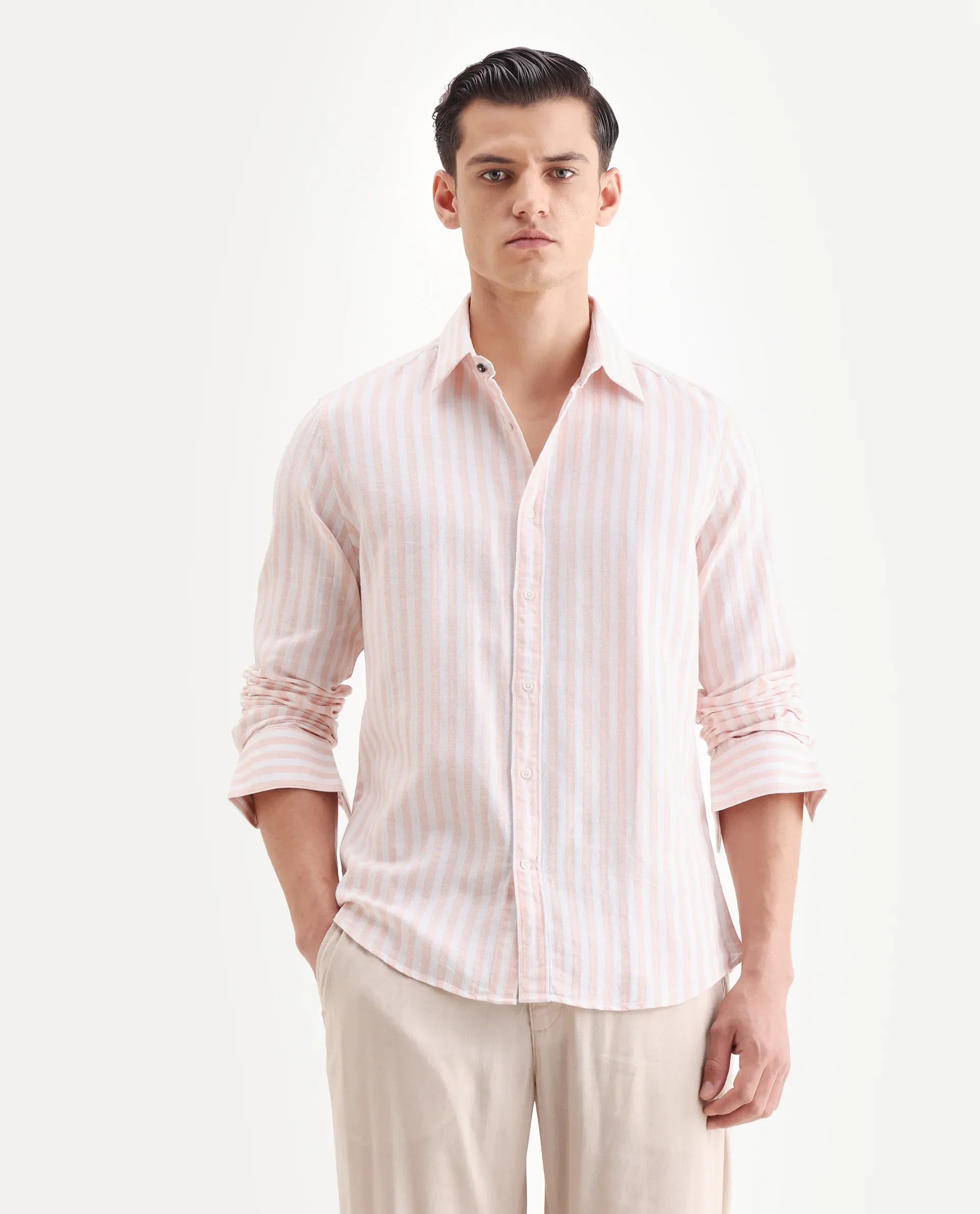 Rare Rabbit Men's Dopple Pastel Peach Linen Blend Striped Print Regular Fit Full Sleeve Collared Shirt
