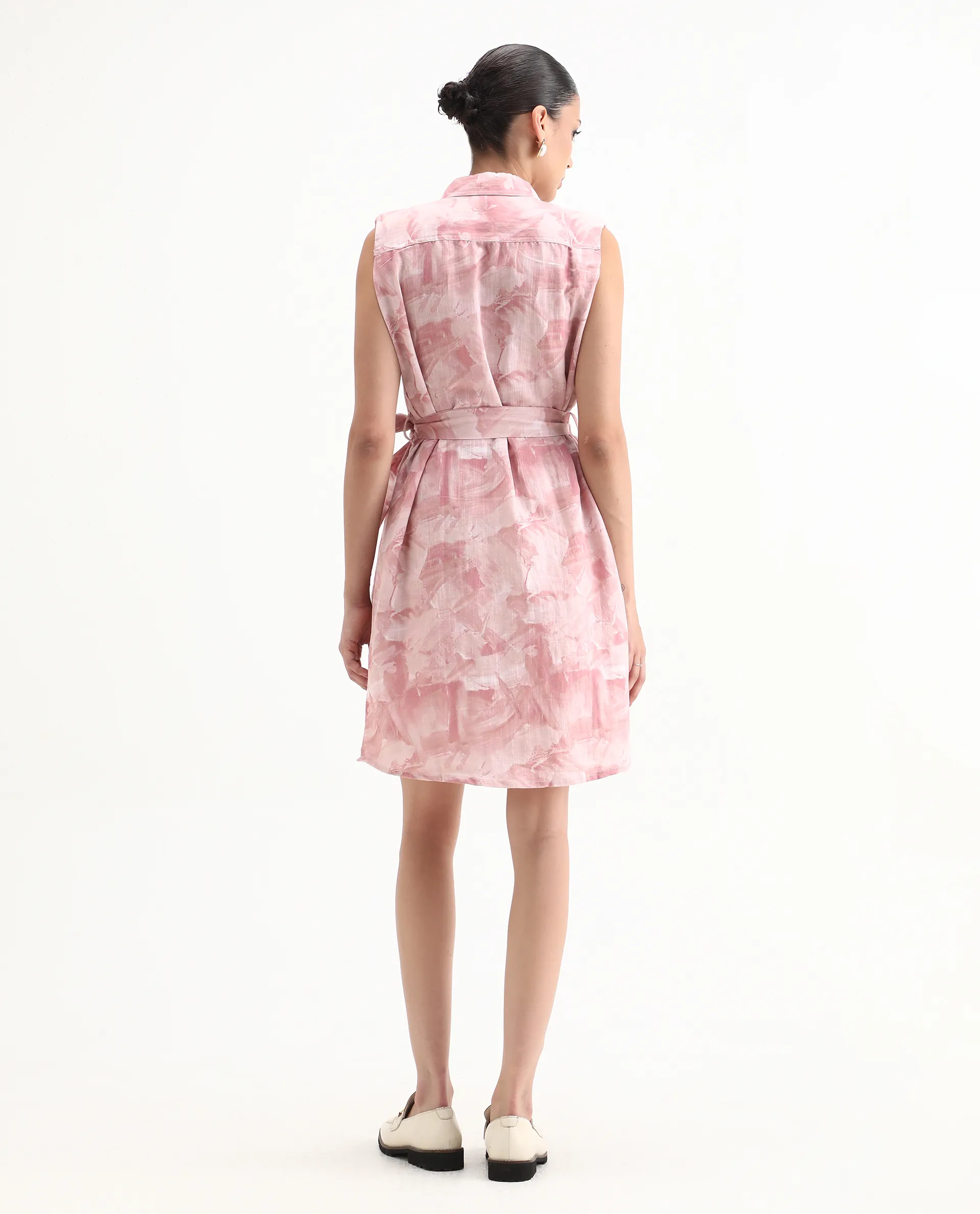 Rareism Women's Doremi Pink Linen Spread Collar Abstract Print Sleeveless Knee Length Regular Fit Dress - Image 7