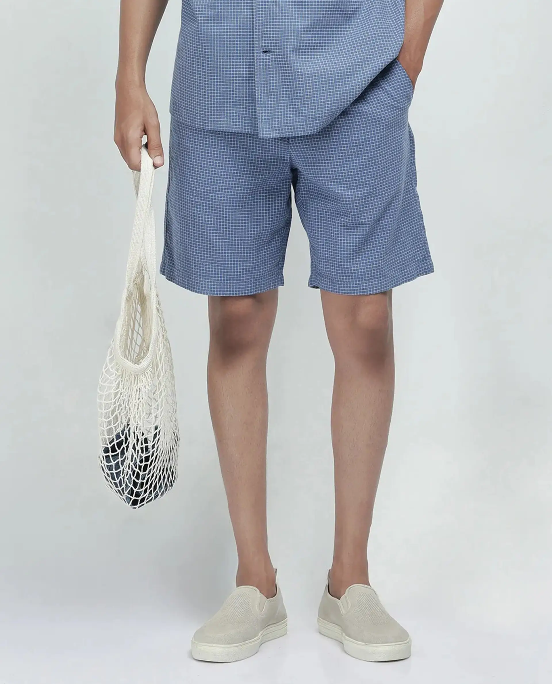 Rare Rabbit Men's Dorn Blue Cotton Blend Checked Print Relaxed Fit Shorts - Image 11