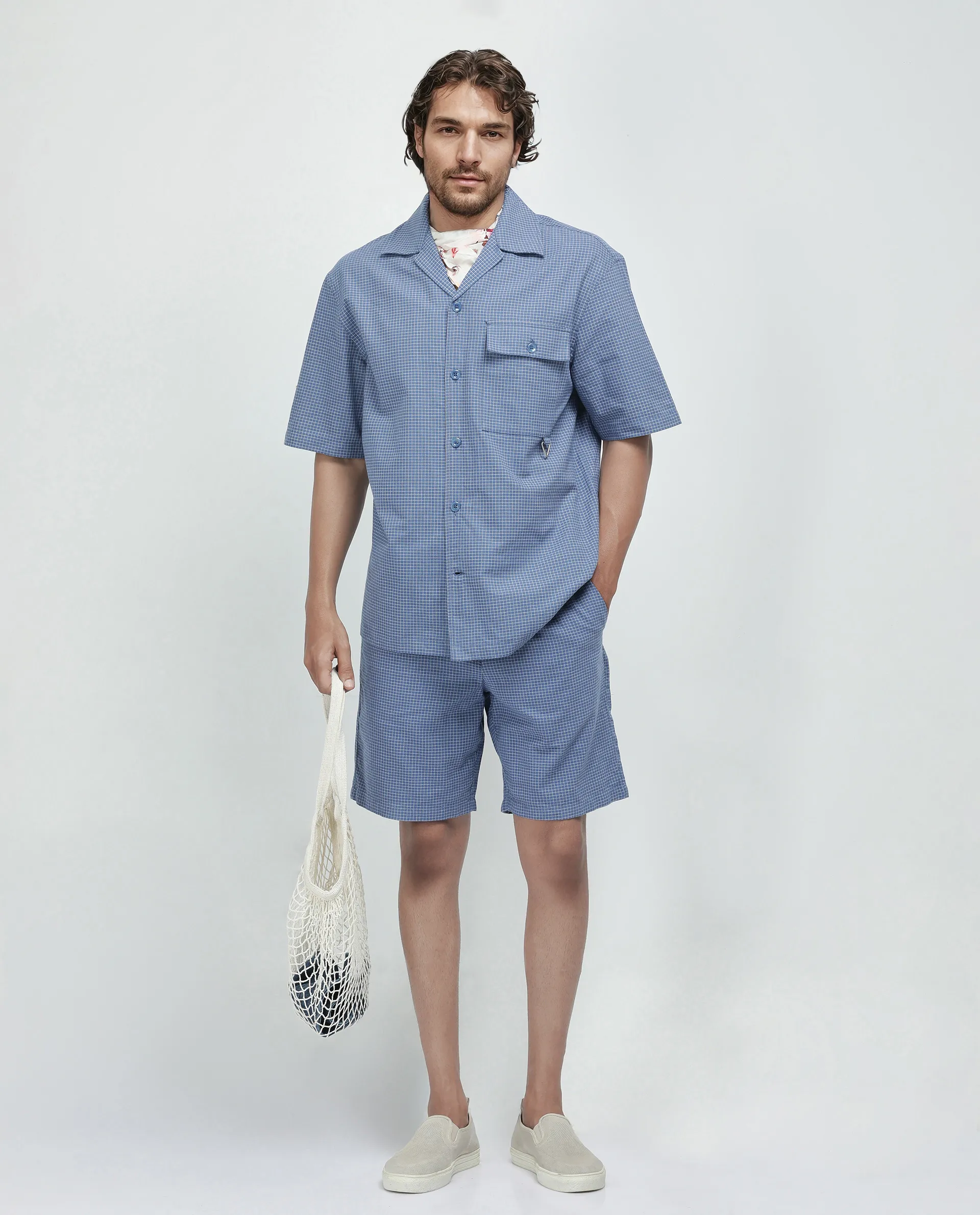 Rare Rabbit Men's Dorn Blue Cotton Blend Checked Print Relaxed Fit Shorts - Image 2