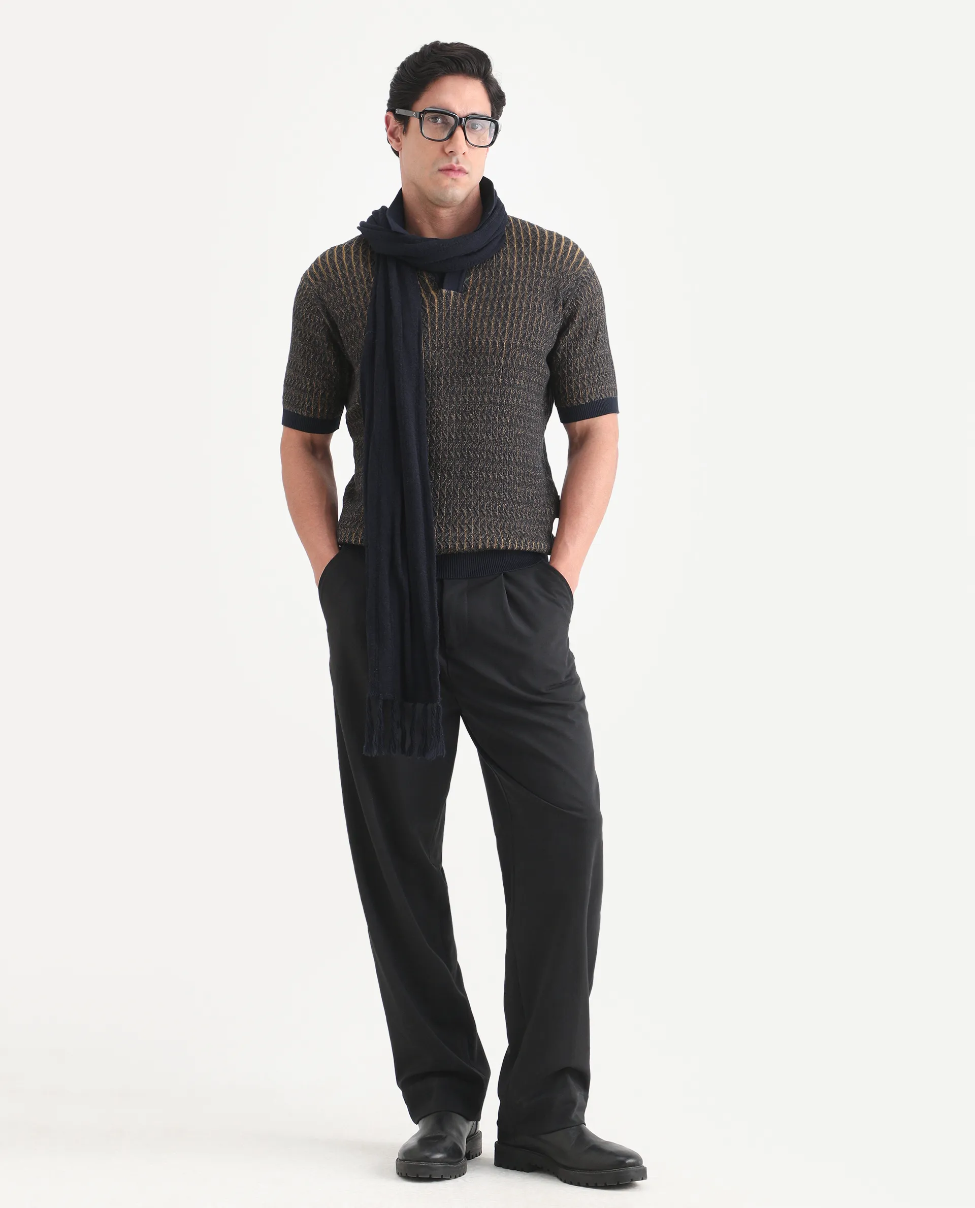 Rare Rabbit Men's Dot Navy Cotton Fabric Full Sleeve Regular Fit Textured Polo - Image 2