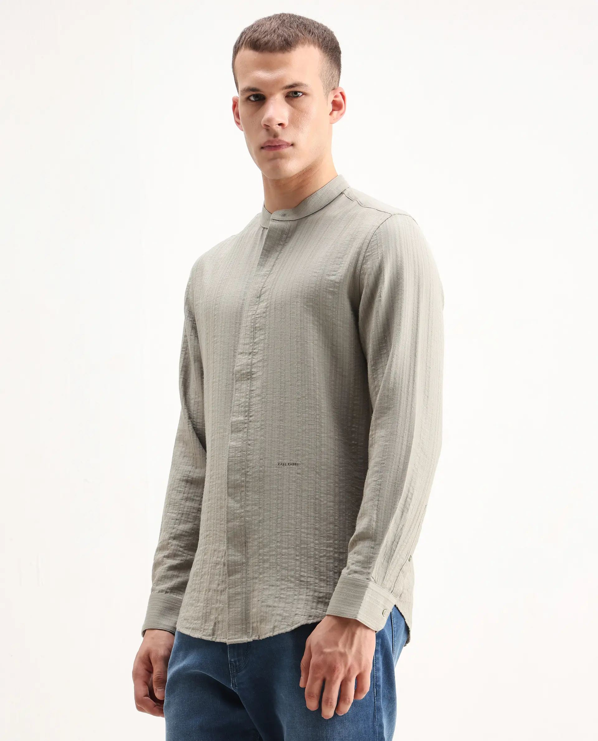 Rare Rabbit Men's Drep Dusky Green Viscose Striped Print Regular Fit Full Sleeve Mandarin Collar Shirt - Image 4
