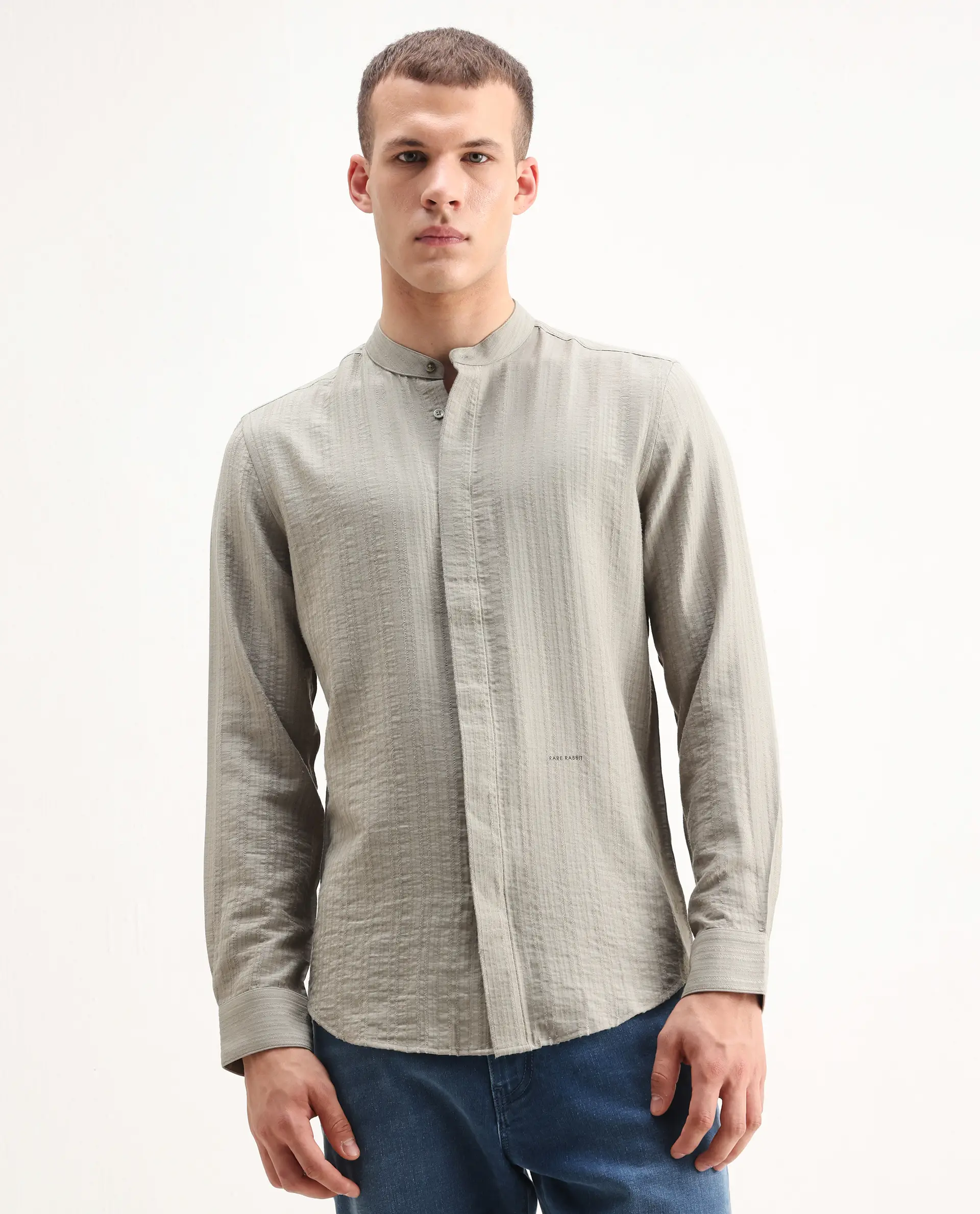 Rare Rabbit Men's Drep Dusky Green Viscose Striped Print Regular Fit Full Sleeve Mandarin Collar Shirt - Image 5