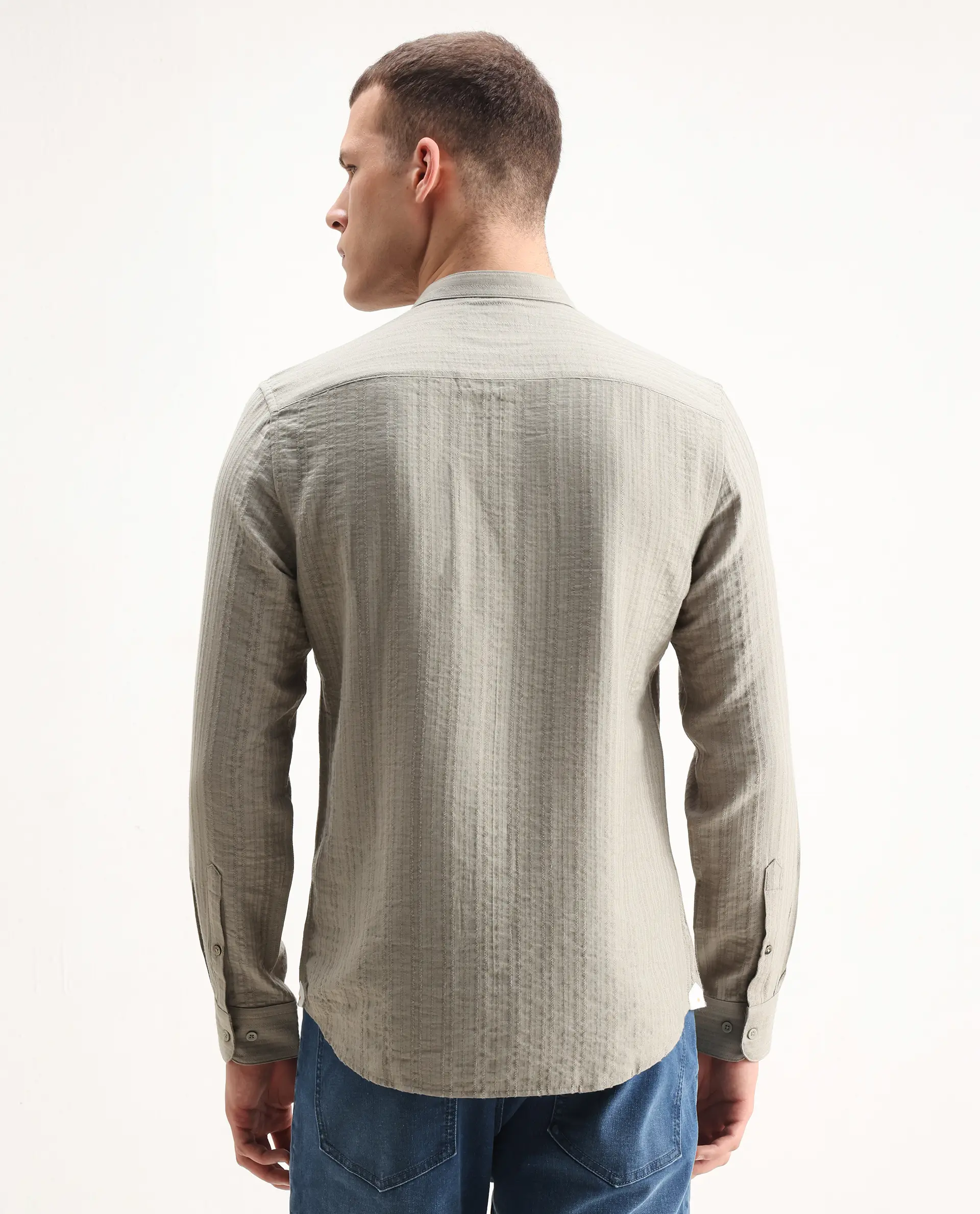 Rare Rabbit Men's Drep Dusky Green Viscose Striped Print Regular Fit Full Sleeve Mandarin Collar Shirt - Image 7