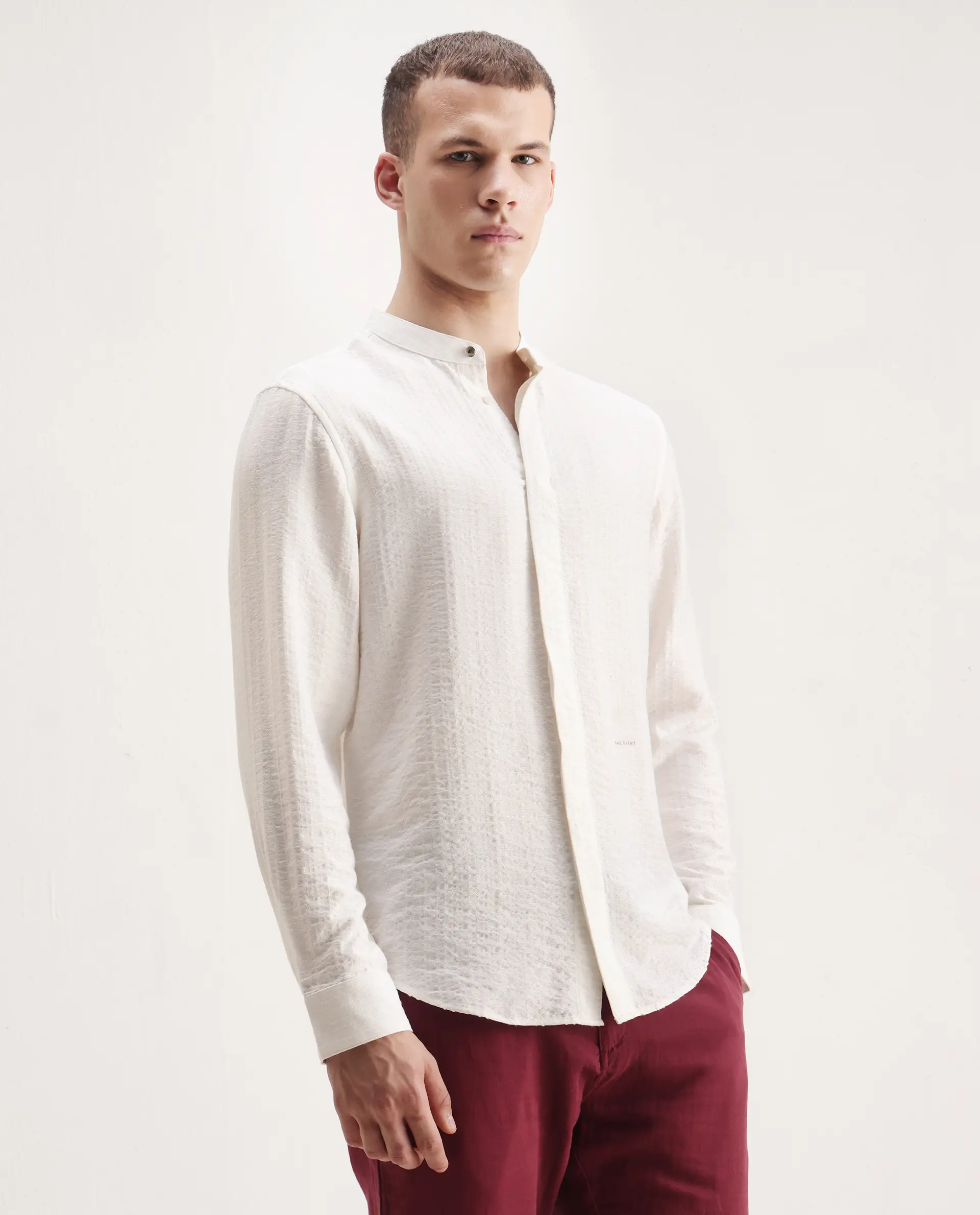 Rare Rabbit Men's Drep White Viscose Blend Striped Print Regular Fit Full Sleeve Mandarin Collar Shirt - Image 6