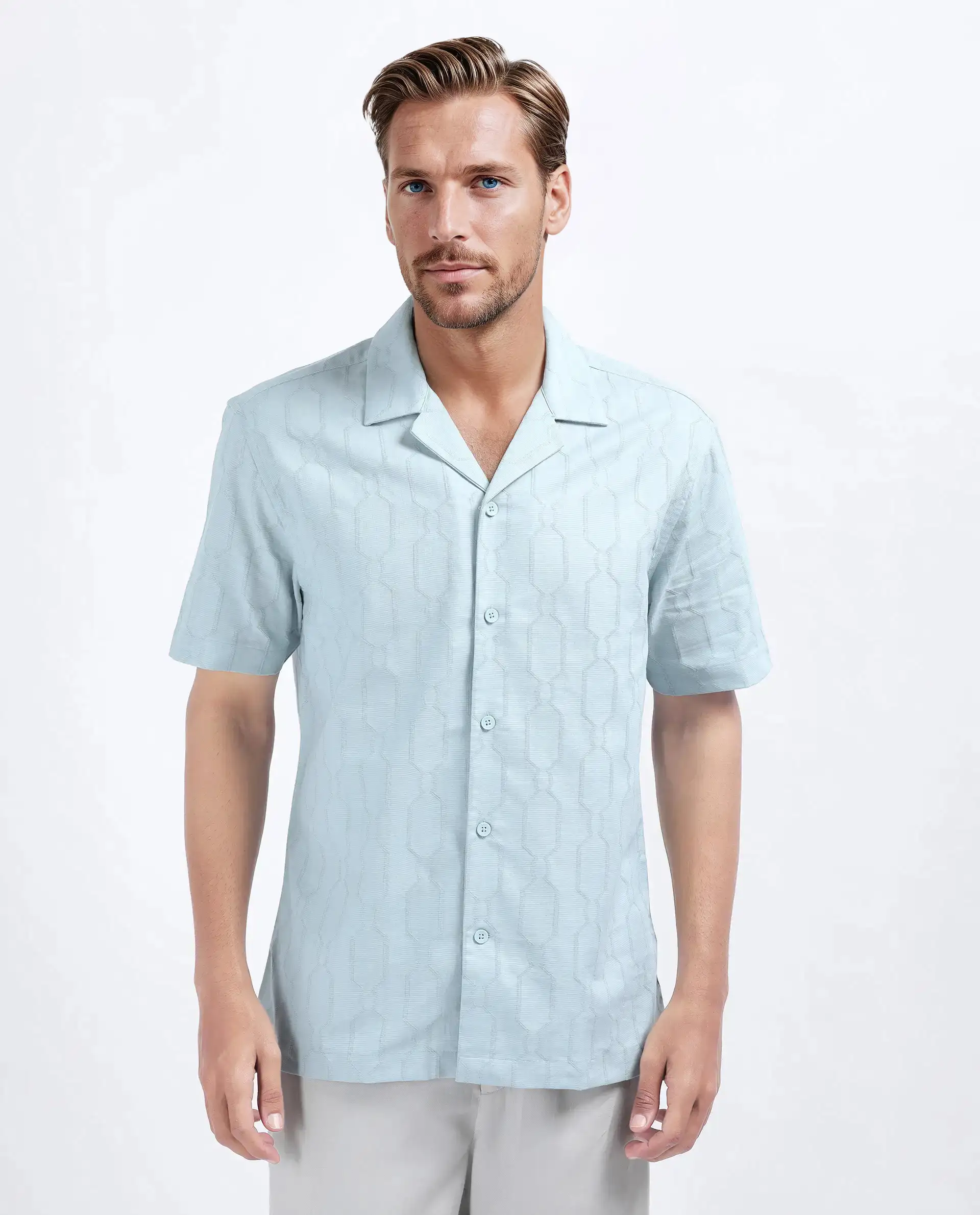 Rare Rabbit Men's Drew Light Blue Cotton Blend Textured Relaxed Fit Half Sleeve Cuban Collar Shirt