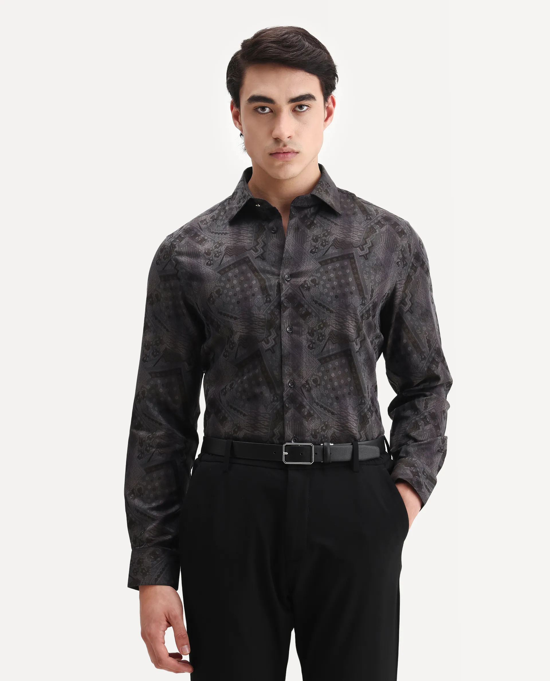 Rare Rabbit Men's Drig Purple Polyester Blend Spread Collar Regular Fit Abstract Print Shirt