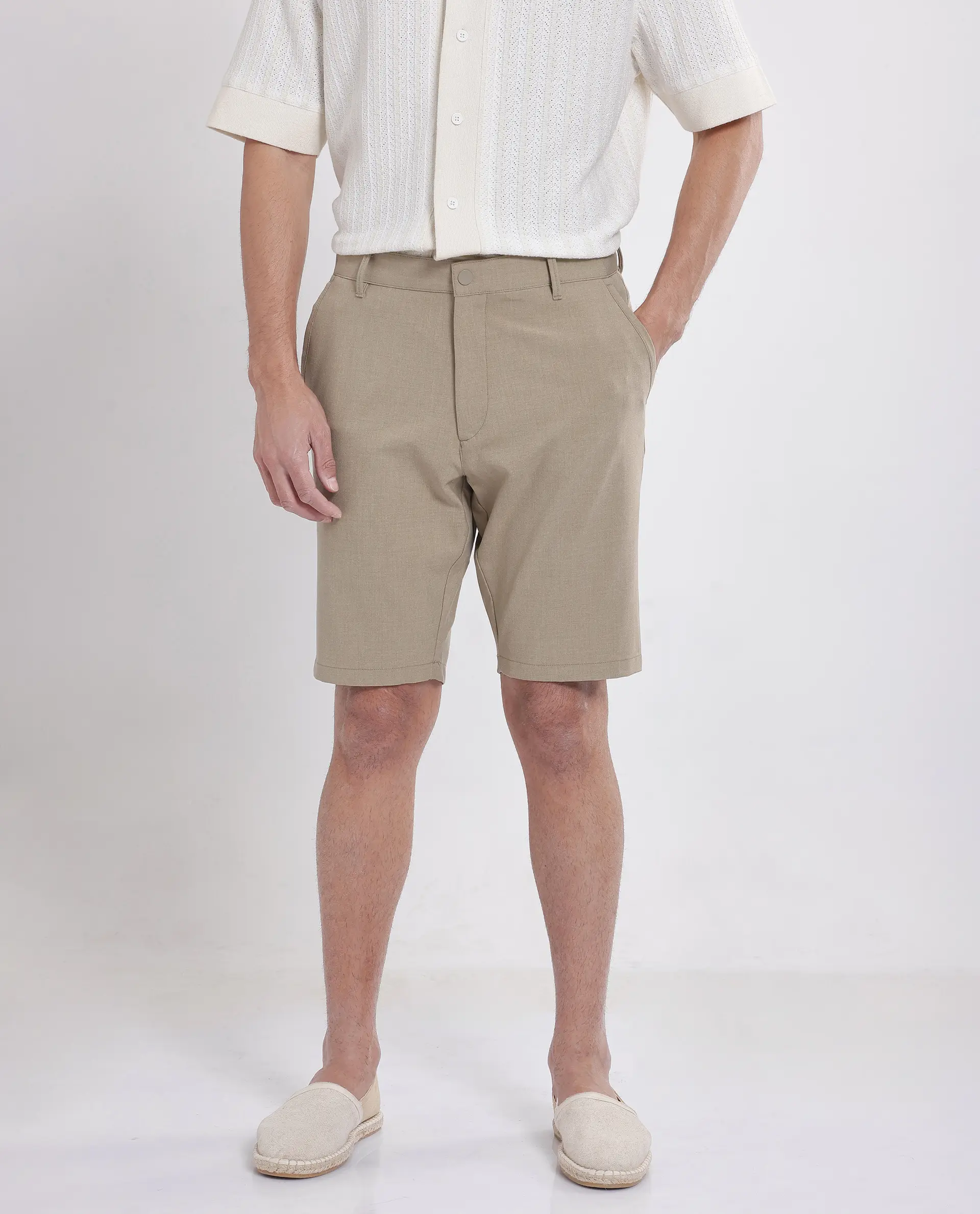 Rare Rabbit Men's Drivo Khaki Cotton Blend Plain Regular Fit Shorts - Image 2