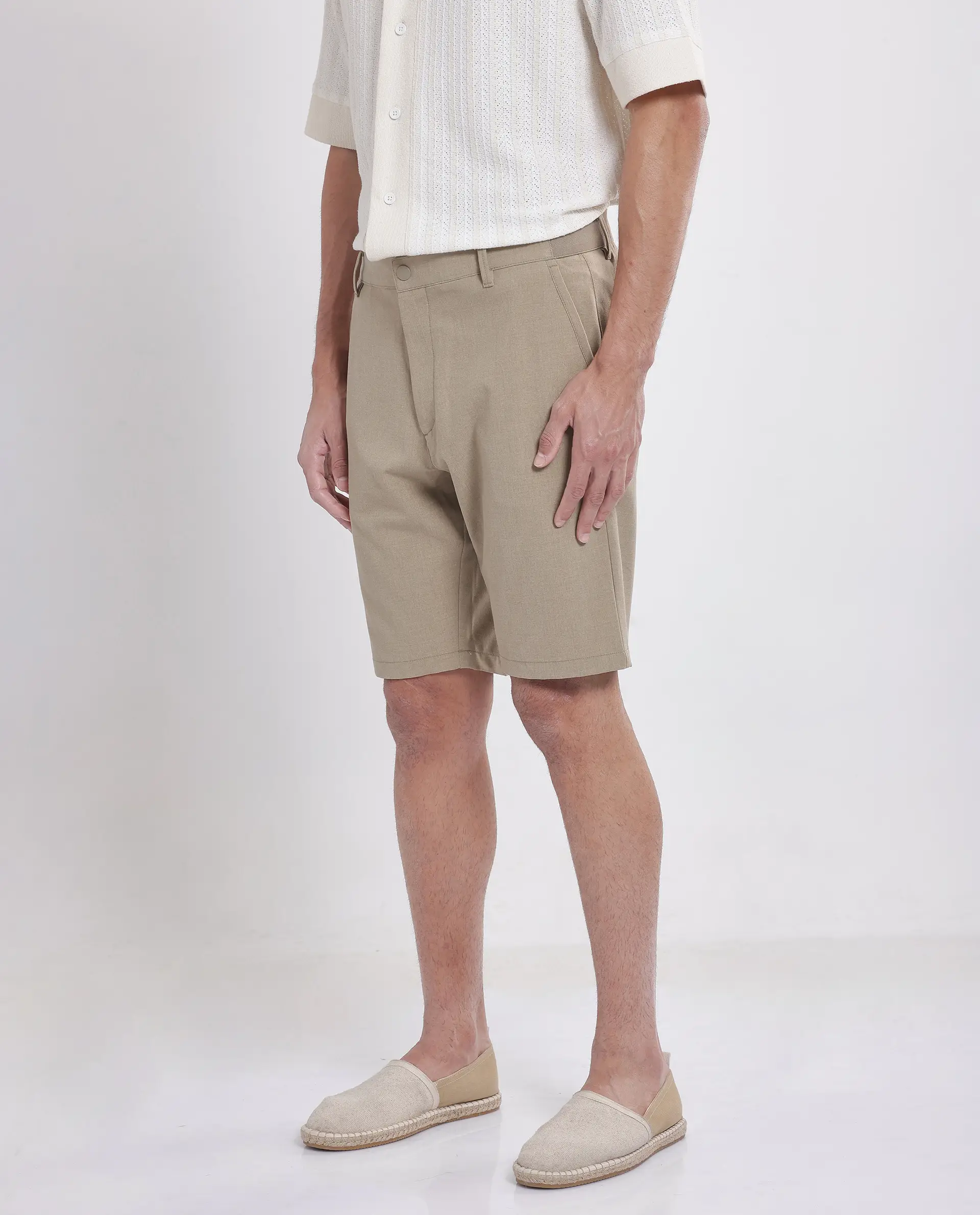 Rare Rabbit Men's Drivo Khaki Cotton Blend Plain Regular Fit Shorts - Image 5