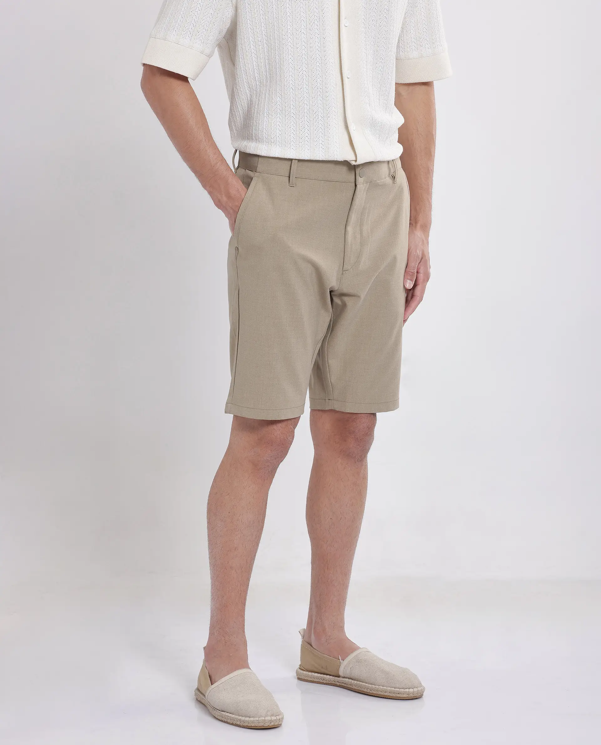 Rare Rabbit Men's Drivo Khaki Cotton Blend Plain Regular Fit Shorts - Image 6