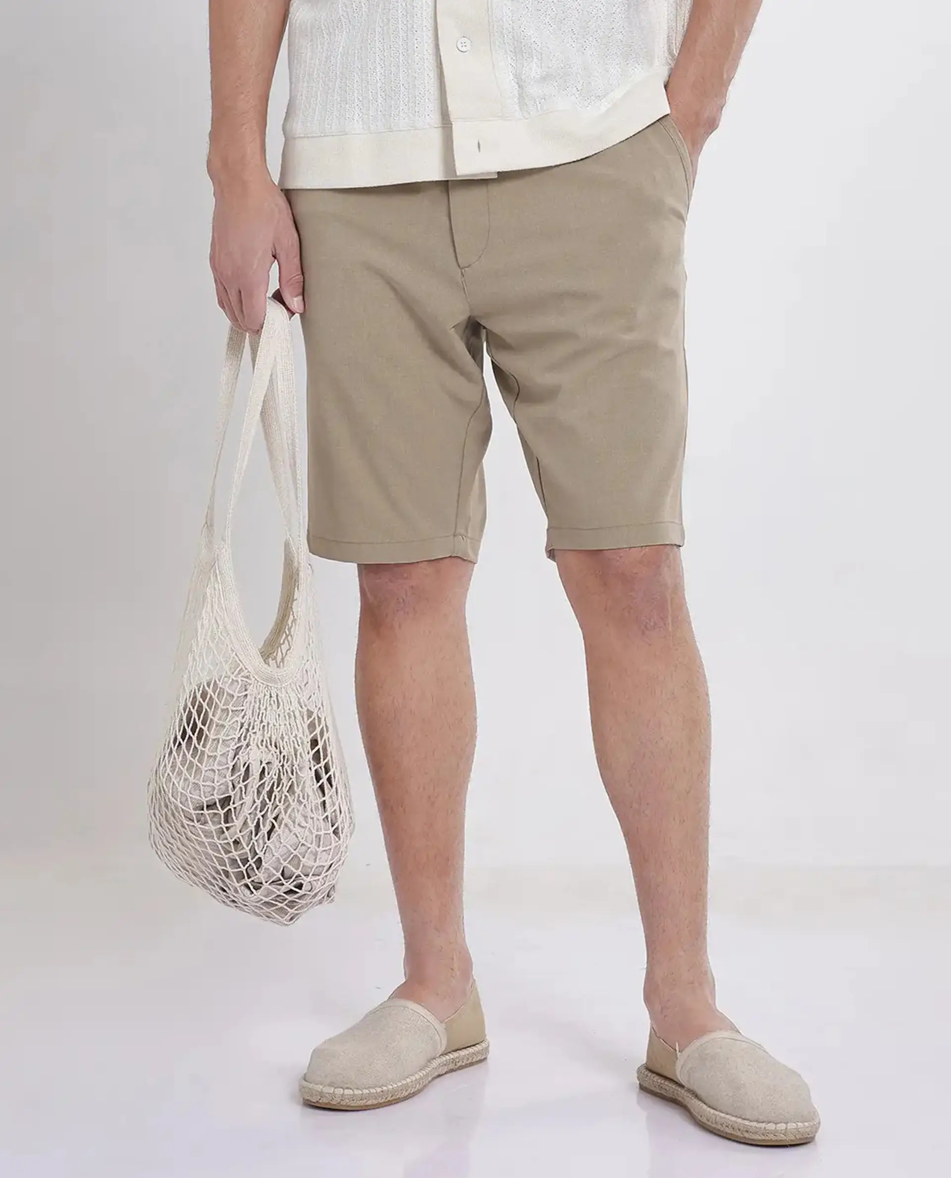 Rare Rabbit Men's Drivo Khaki Cotton Blend Plain Regular Fit Shorts - Image 8