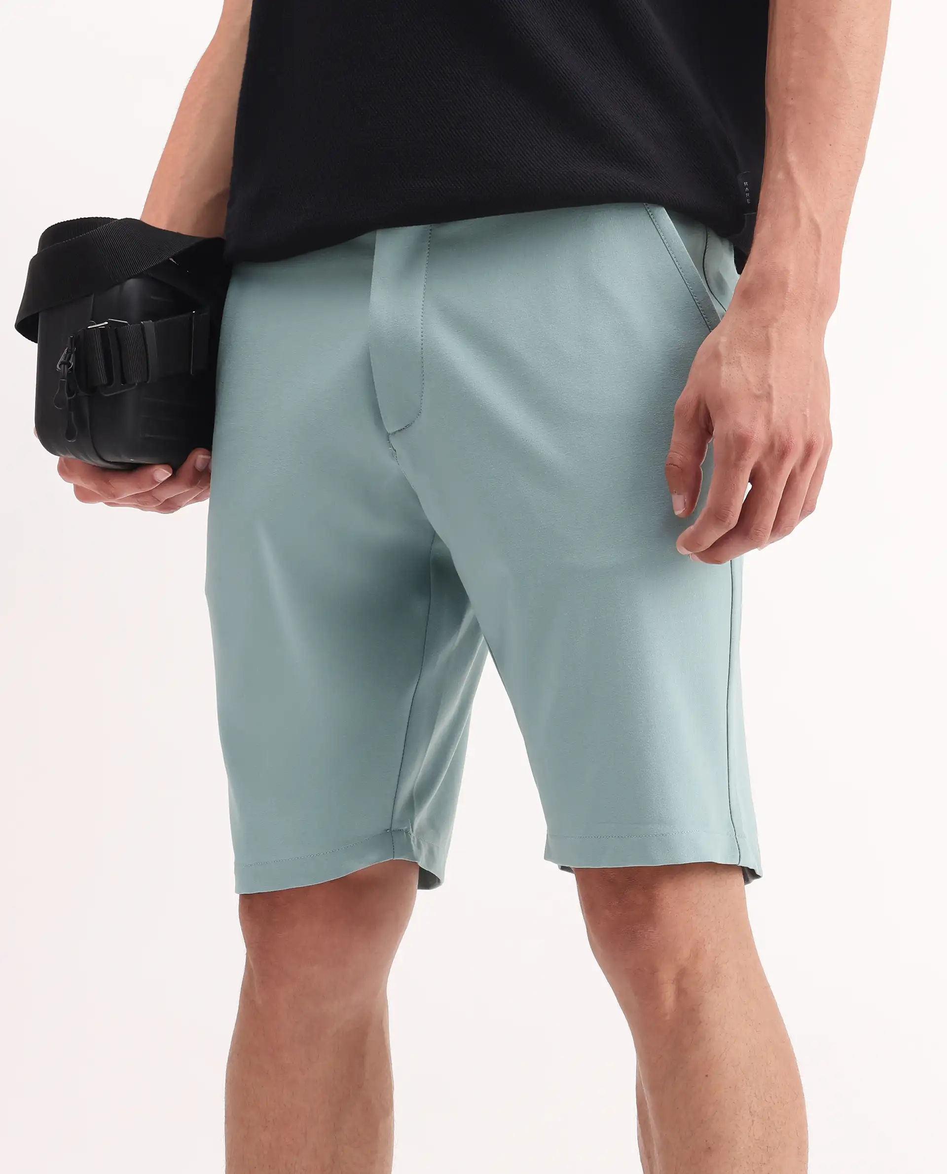 Rare Rabbit Men's Drivo Pastel Green Cotton Blend Plain Regular Fit Shorts - Image 2