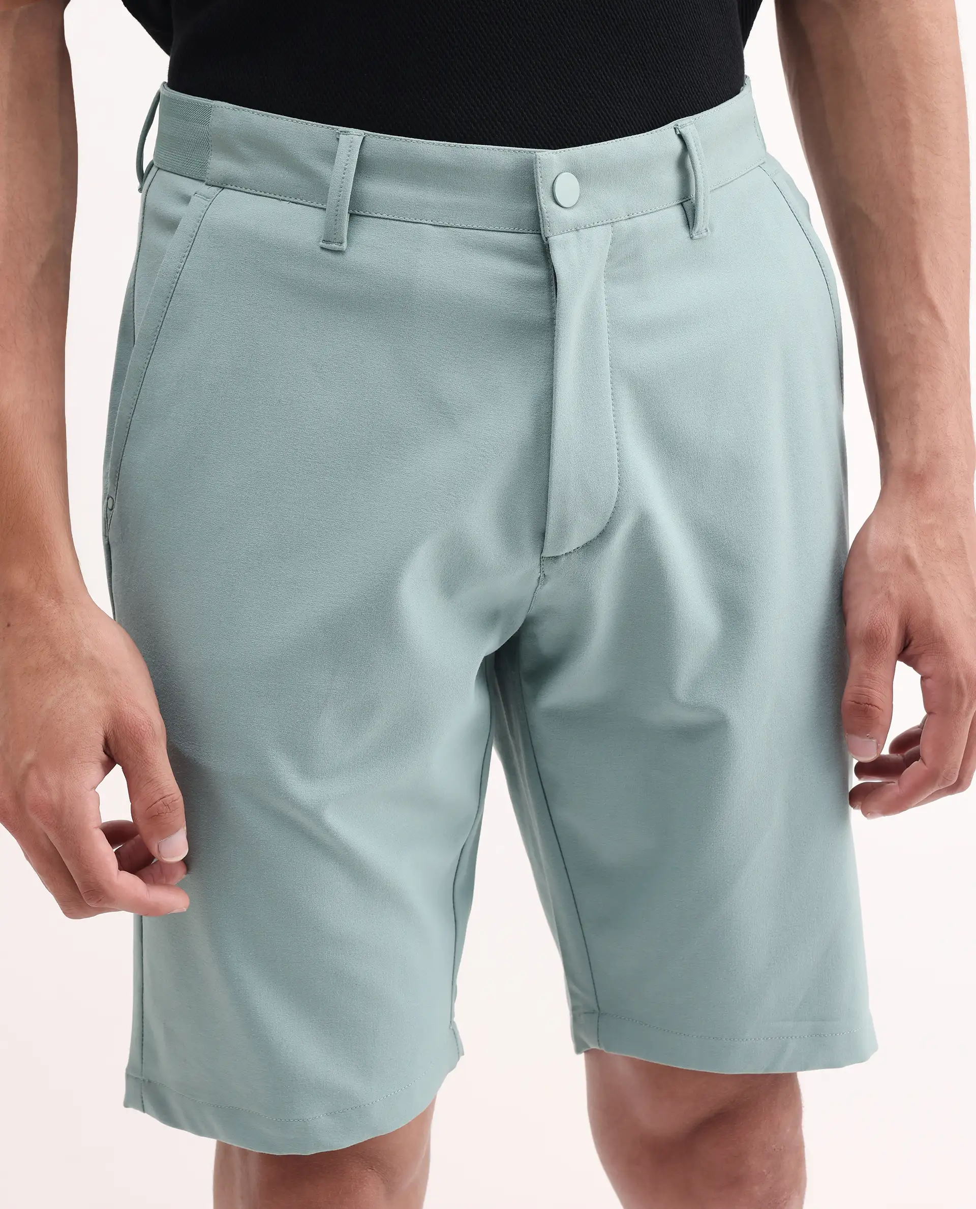 Rare Rabbit Men's Drivo Pastel Green Cotton Blend Plain Regular Fit Shorts - Image 3