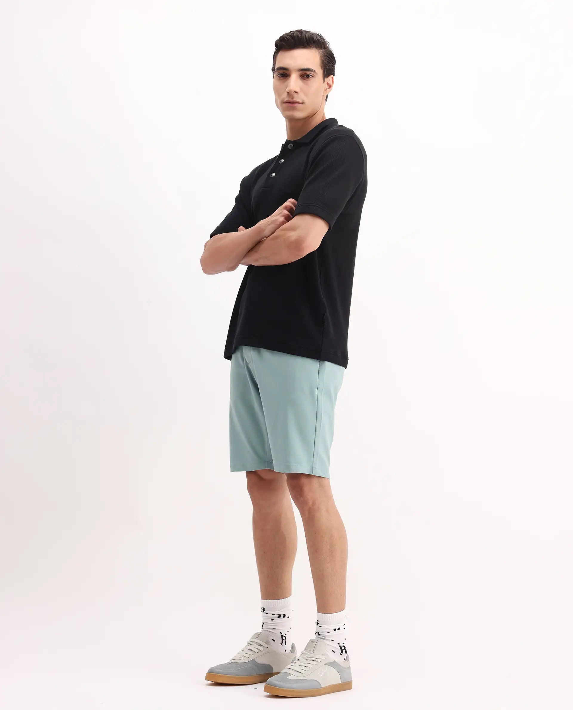 Rare Rabbit Men's Drivo Pastel Green Cotton Blend Plain Regular Fit Shorts - Image 7
