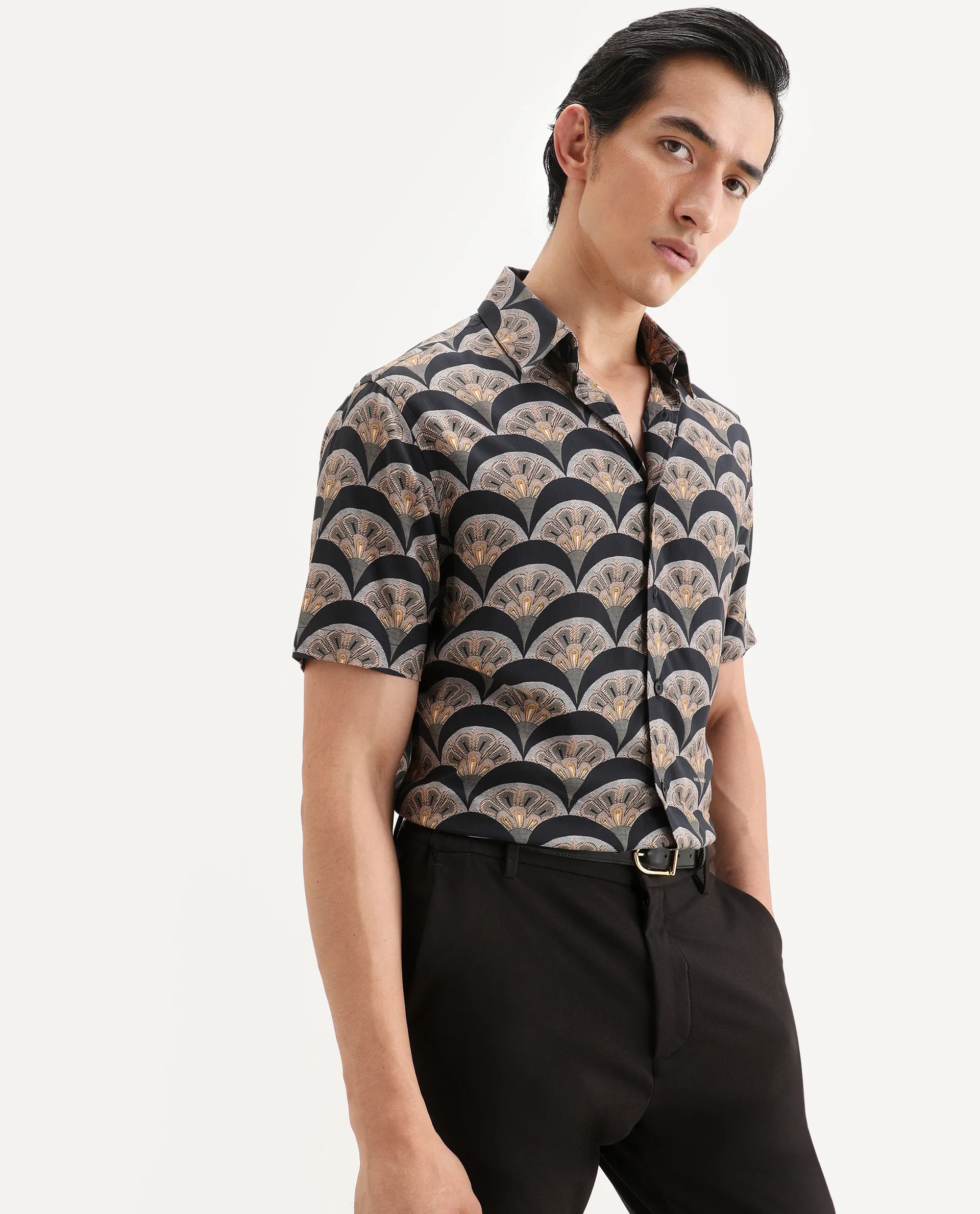 Rare Rabbit Men's Droz Black Viscose Fabric Half Sleeve Spread Collar Regular Fit Geometric Print Shirt