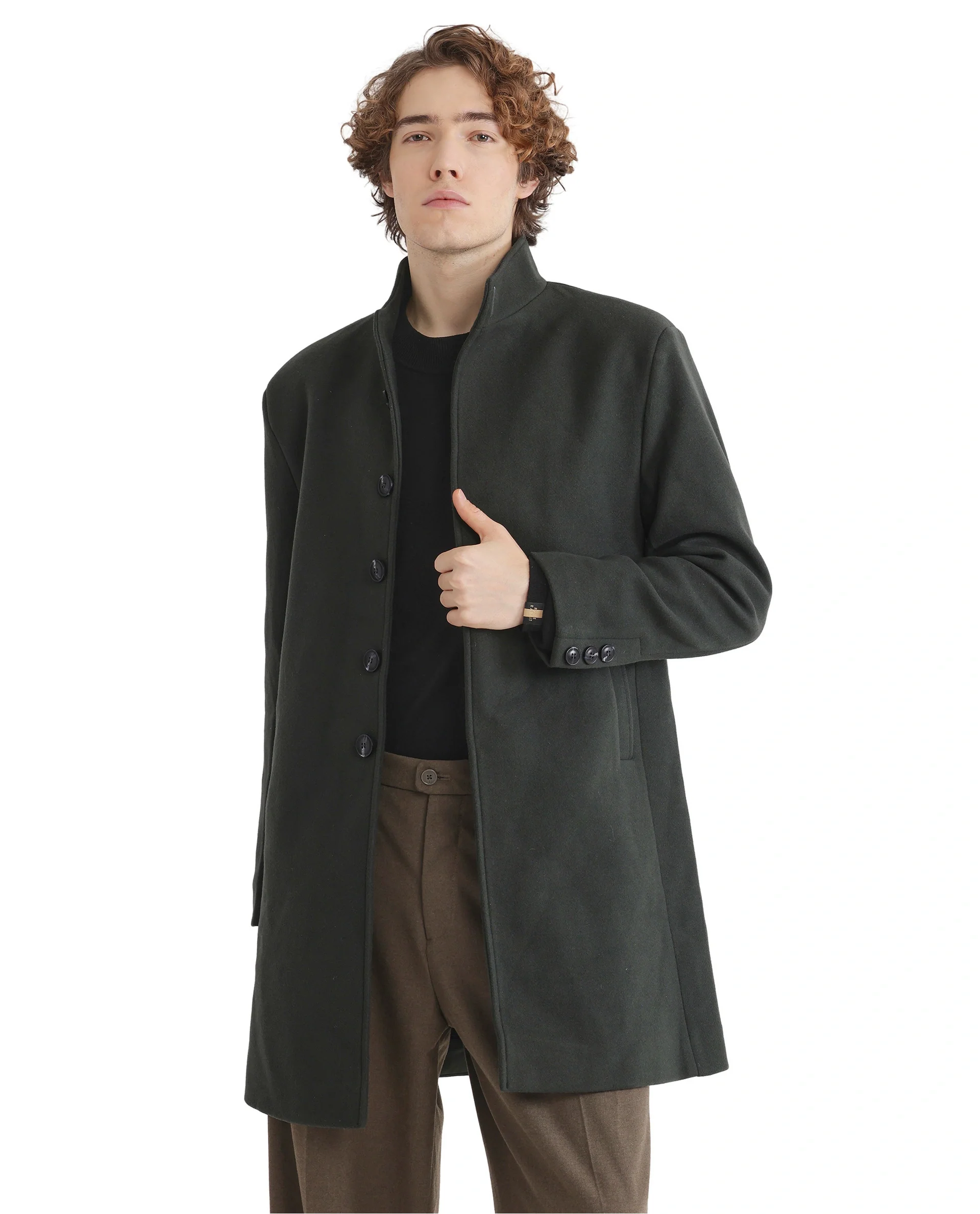 Rare Rabbit Men's Dune-2 Olive Polyester Blend Plain Relaxed Fit Full Sleeve High Neck Coat