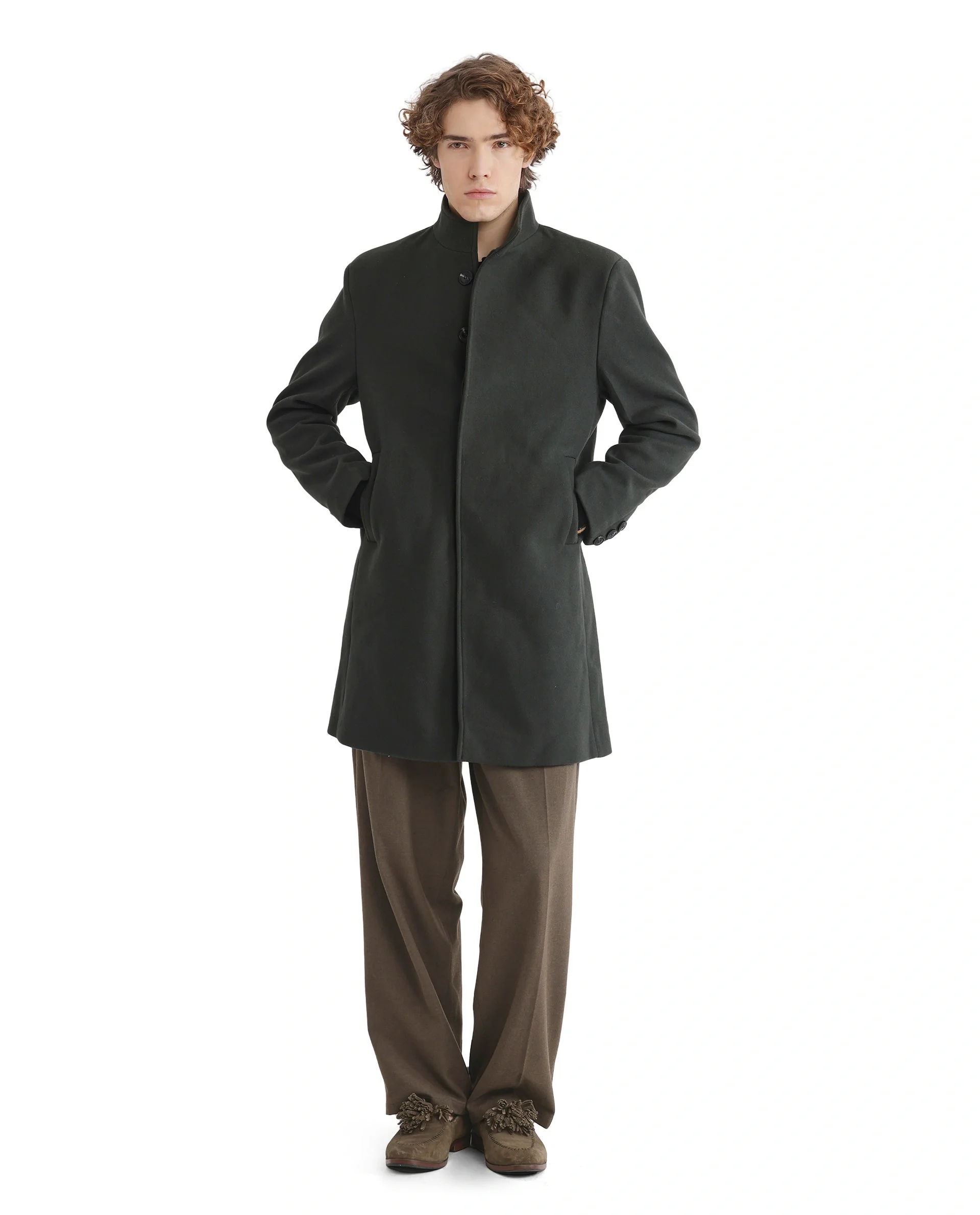 Rare Rabbit Men's Dune-2 Olive Polyester Blend Plain Relaxed Fit Full Sleeve High Neck Coat - Image 2