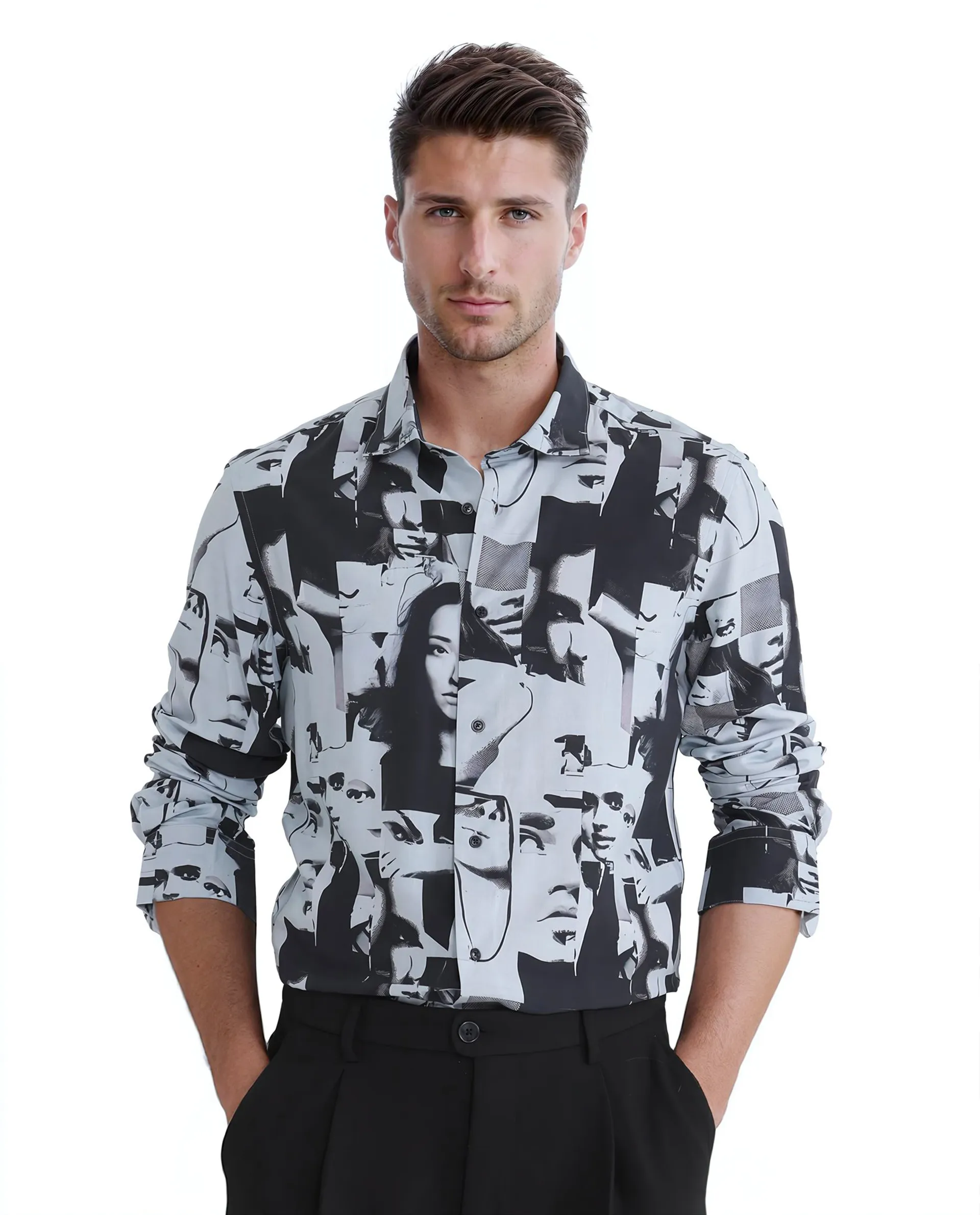 Rare Rabbit Men's Duval Ls Grey Viscose Abstract Print Regular Fit Full Sleeve Collared Shirt