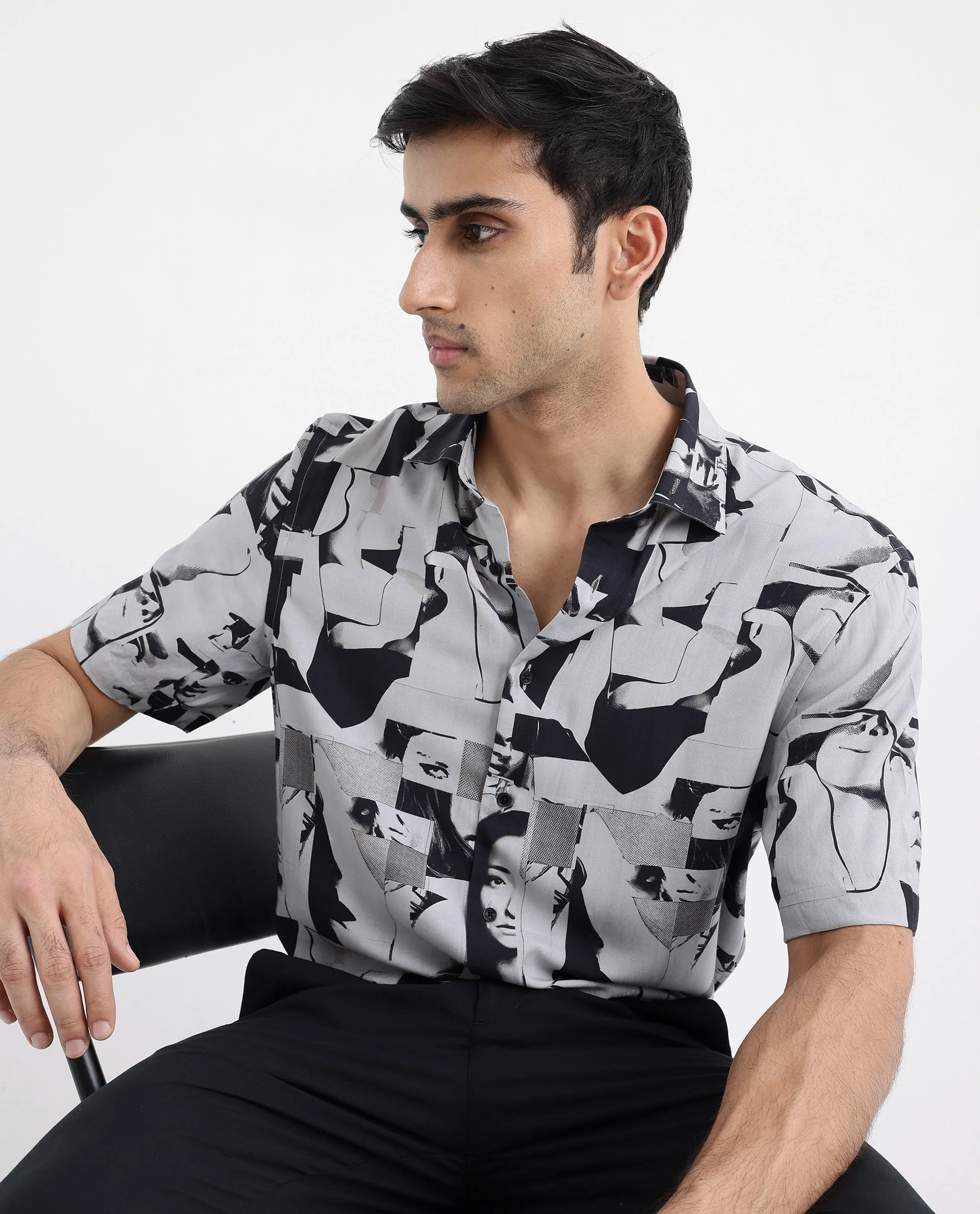 Rare Rabbit Men's Duval Ss Grey Viscose Abstract Print Boxy Fit Half Sleeve Collared Shirt