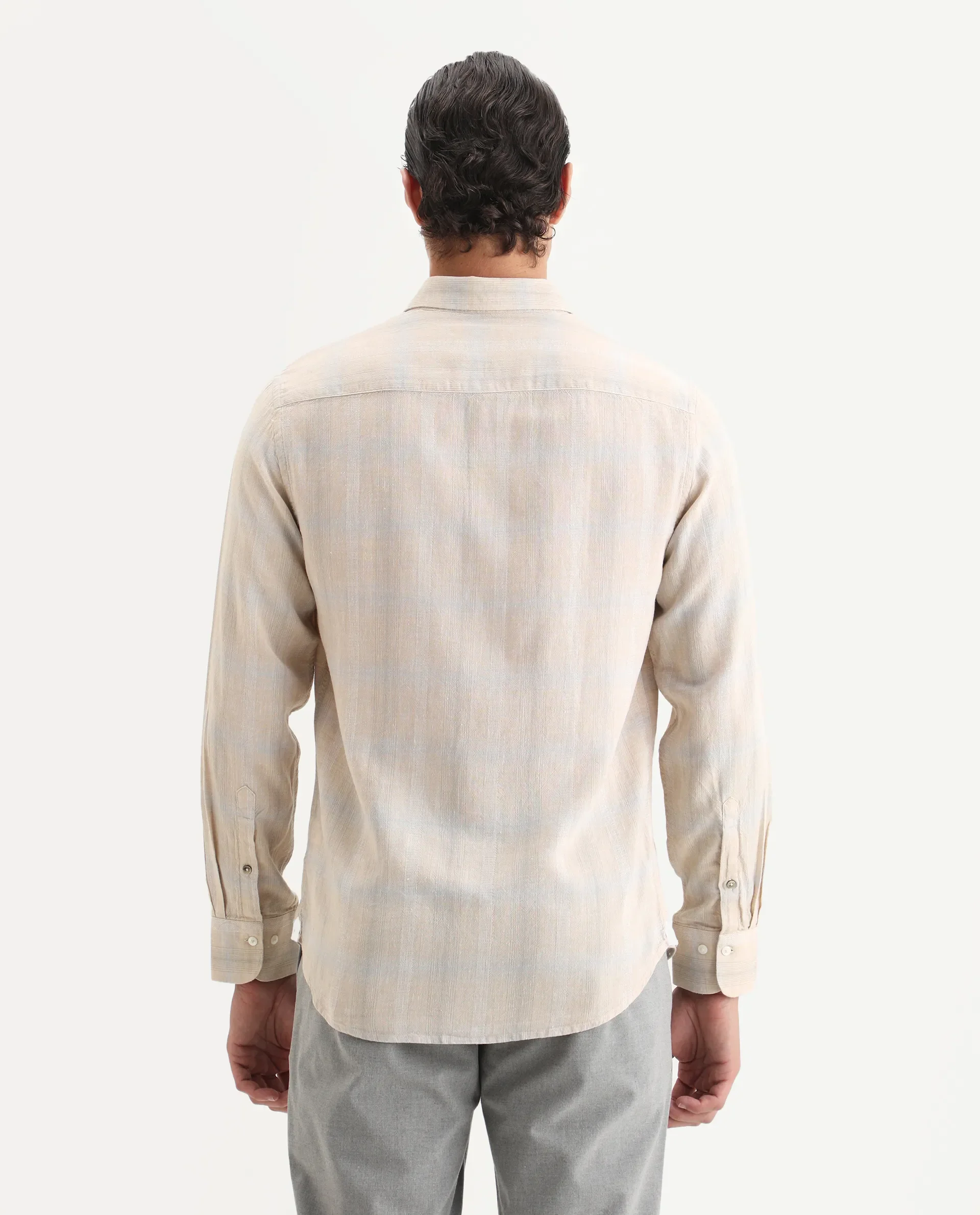 Rare Rabbit Men Eamon Light Beige Linen Checked Print Regular Fit Full Sleeve Collared Shirt - Image 7