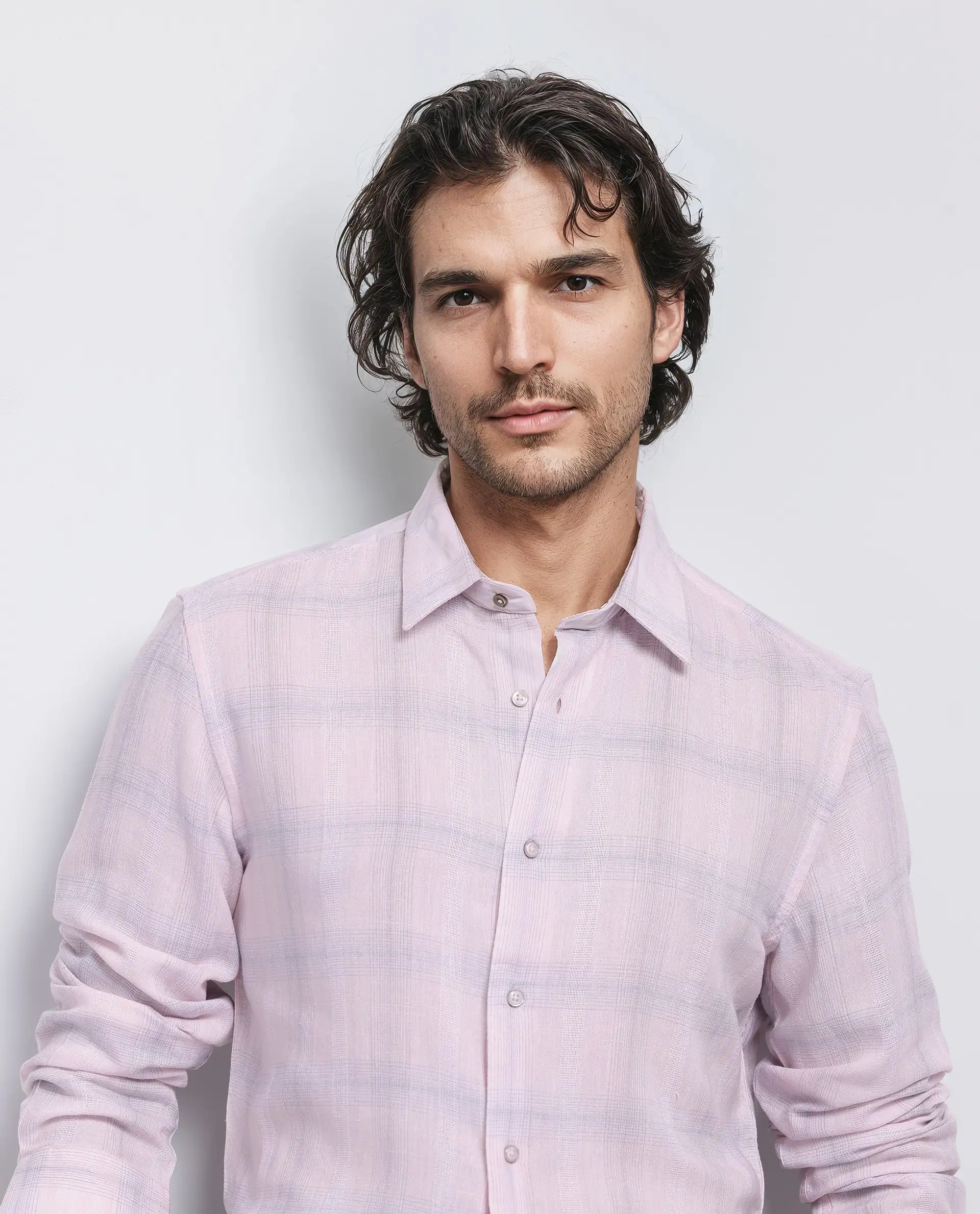 Rare Rabbit Men's Eamon Light Pink Linen Checked Print Regular Fit Full Sleeve Collared Shirt