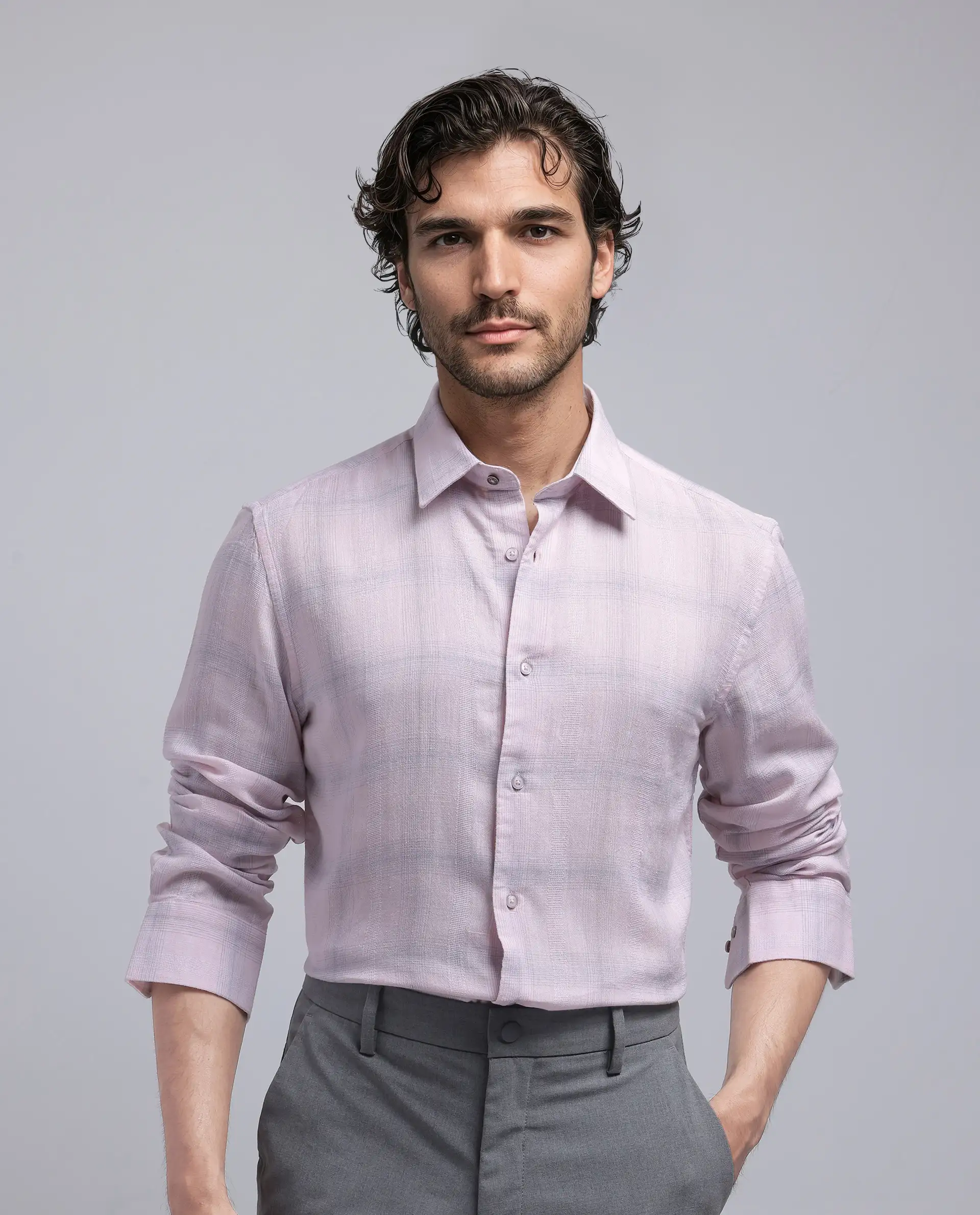 Rare Rabbit Men's Eamon Light Pink Linen Checked Print Regular Fit Full Sleeve Collared Shirt - Image 2