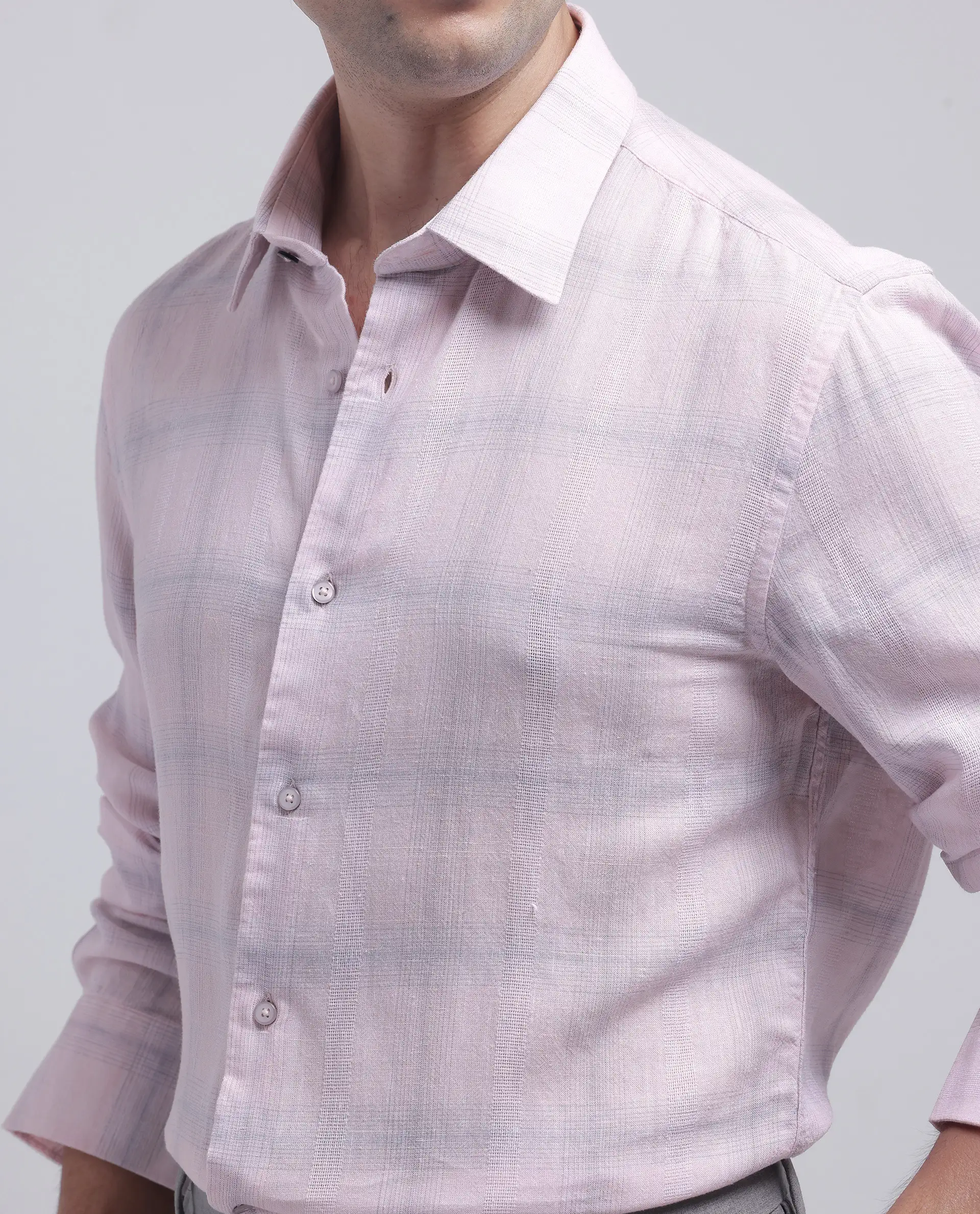Rare Rabbit Men's Eamon Light Pink Linen Checked Print Regular Fit Full Sleeve Collared Shirt - Image 4
