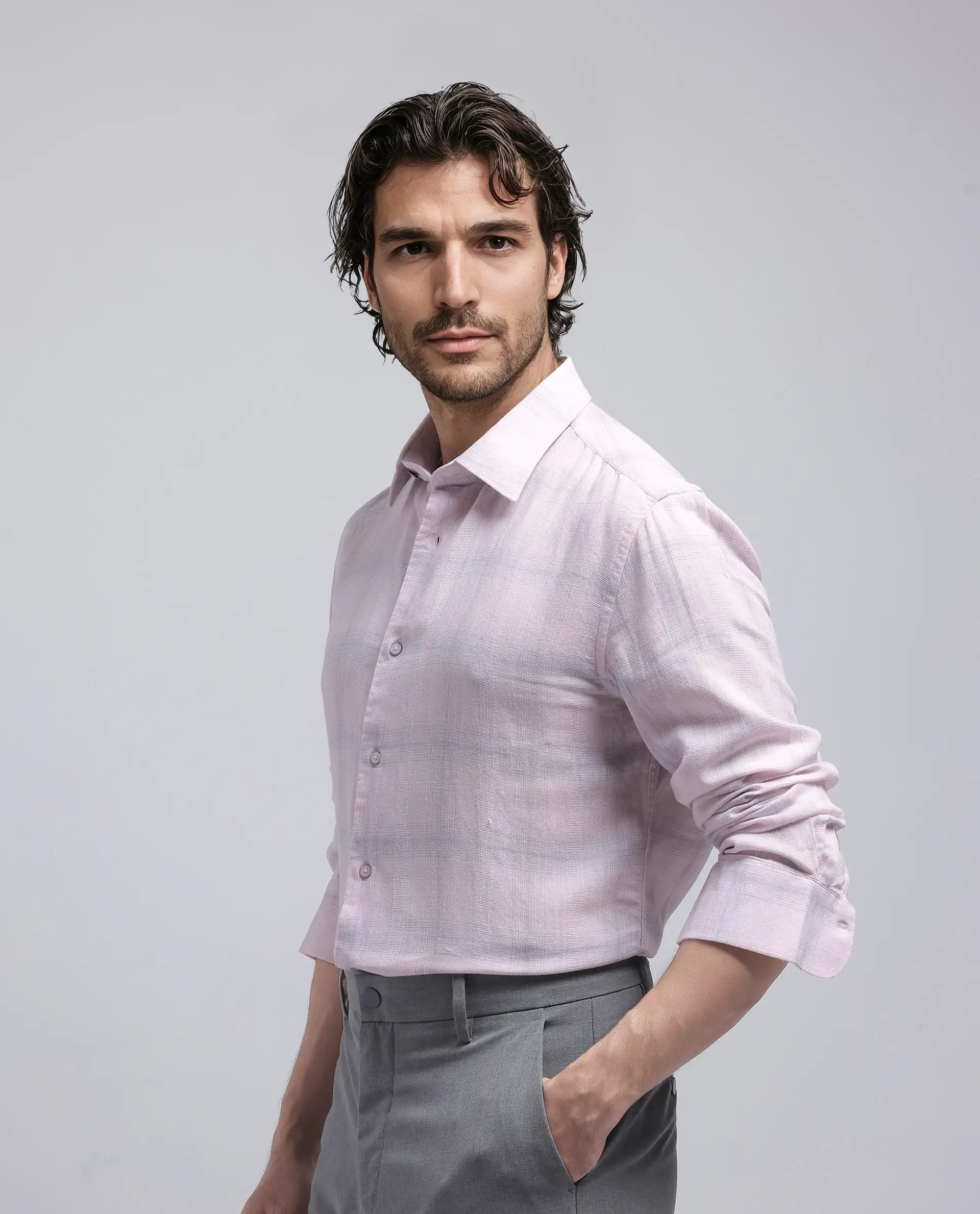 Rare Rabbit Men's Eamon Light Pink Linen Checked Print Regular Fit Full Sleeve Collared Shirt - Image 6