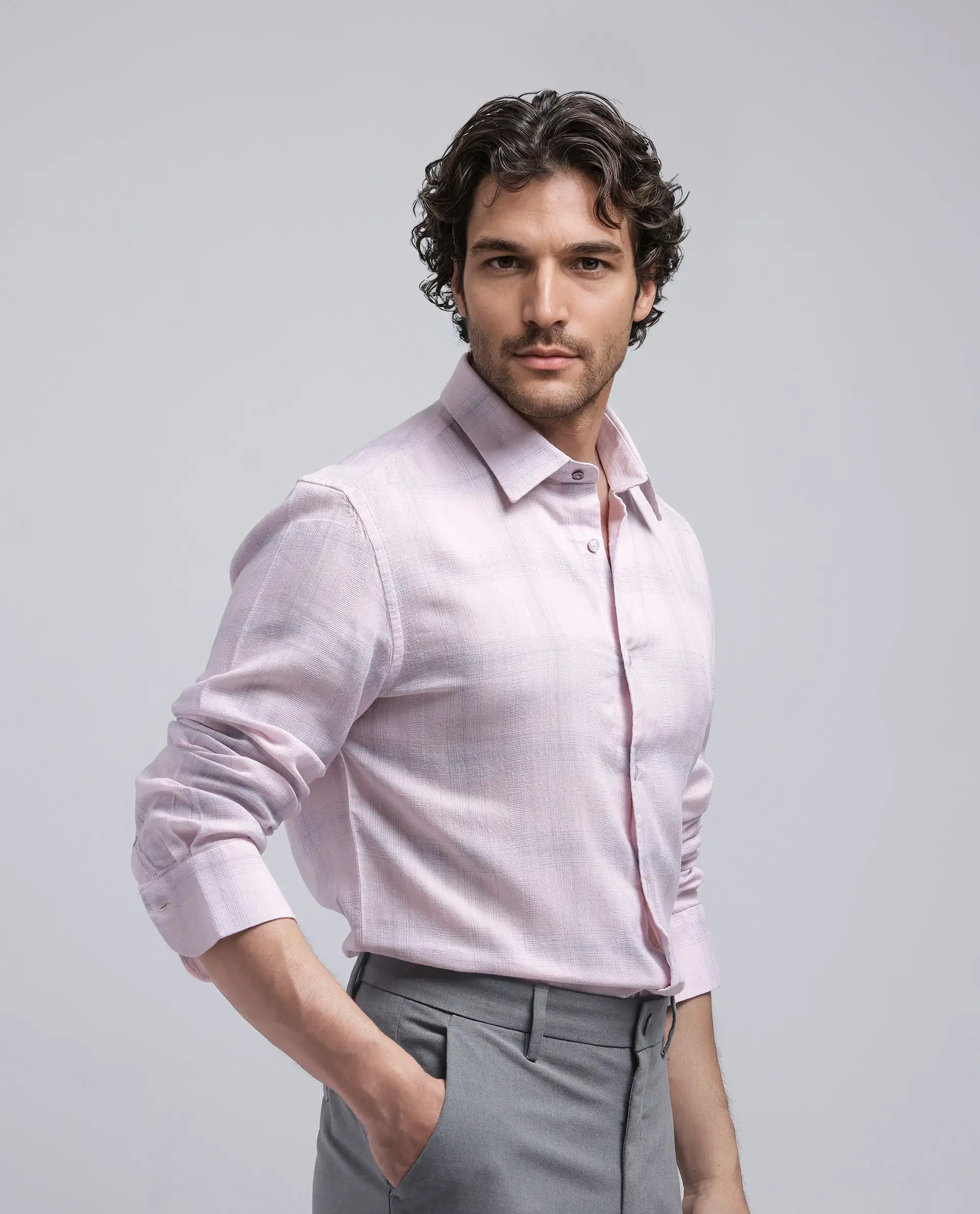Rare Rabbit Men's Eamon Light Pink Linen Checked Print Regular Fit Full Sleeve Collared Shirt - Image 7