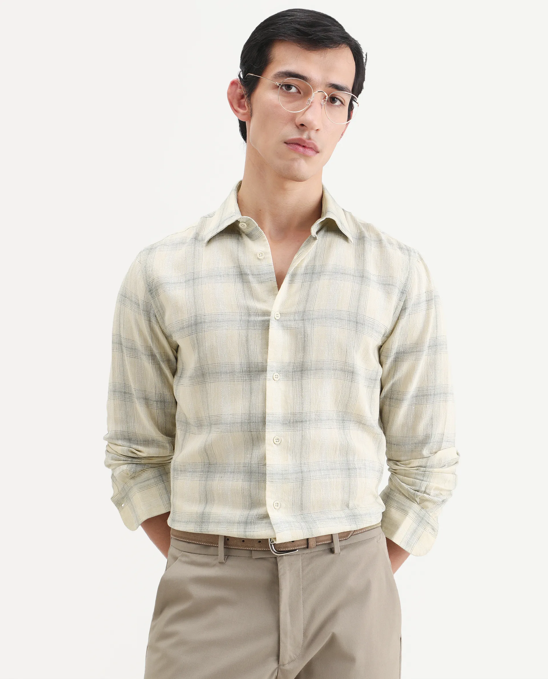 Rare Rabbit Men's Eamon-S26 Light Yellow Linen Blend Full Sleeve Spread Collar Regular Fit Checked Shirt