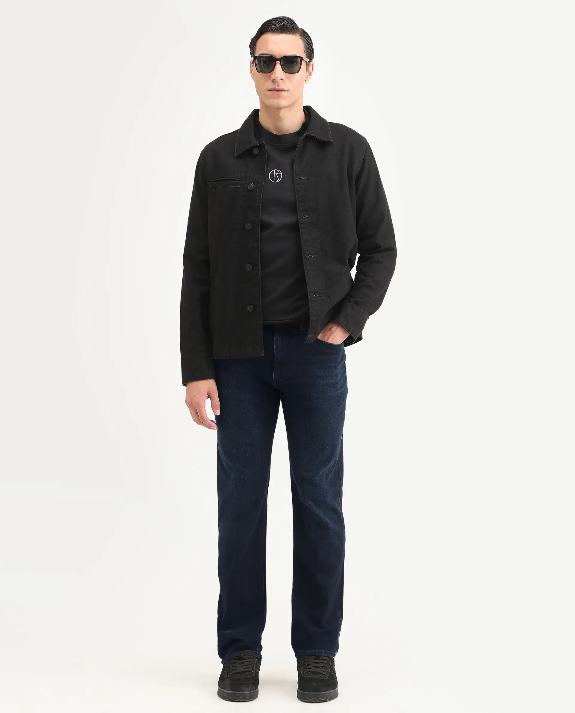 Rare Rabbit Men's Edge Dark Navy Cotton Blend Fabric Regular Fit Plain Jeans