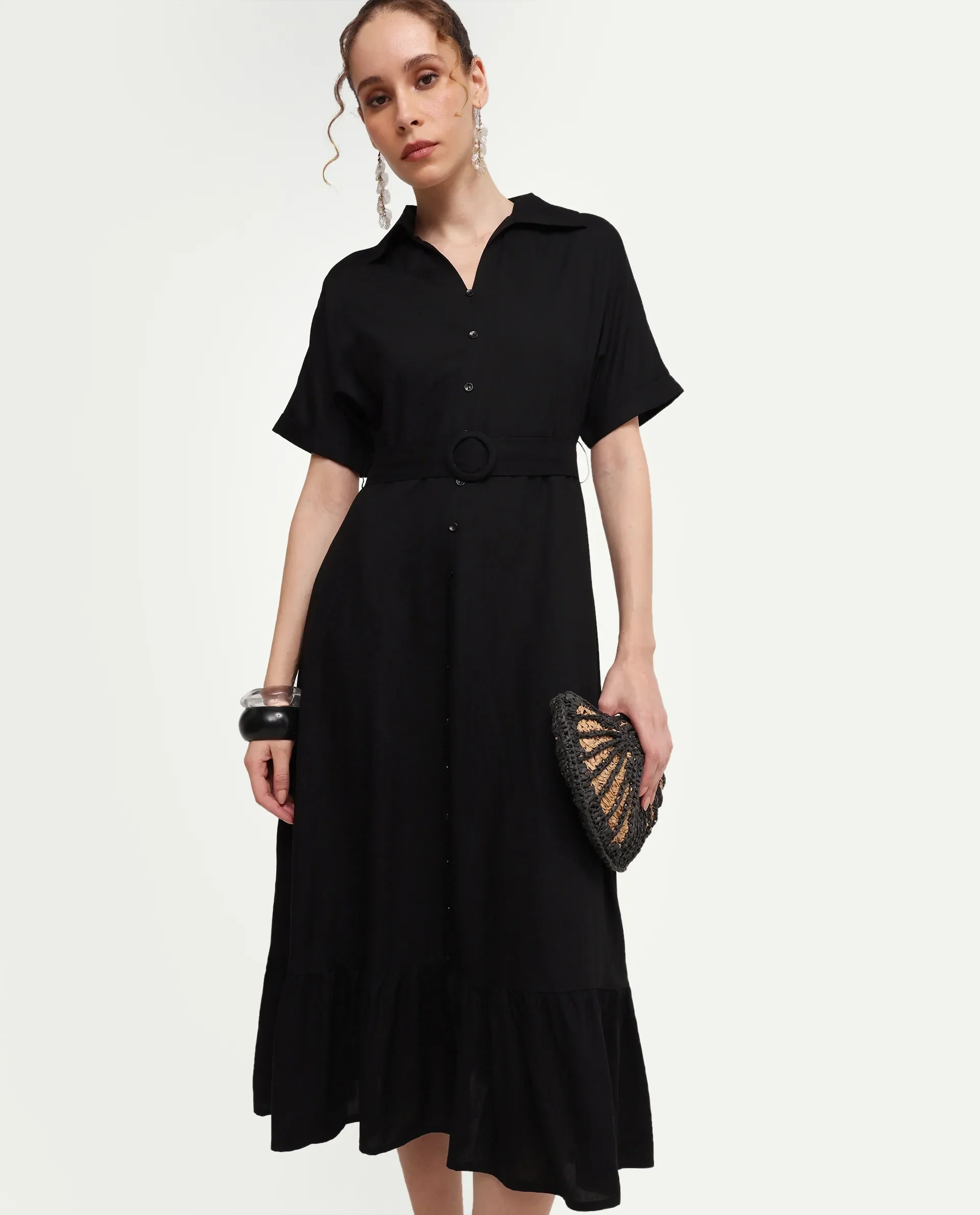 Rareism Women's Elate Black Viscose Half Sleeve A-Line Plain Dress - Image 2