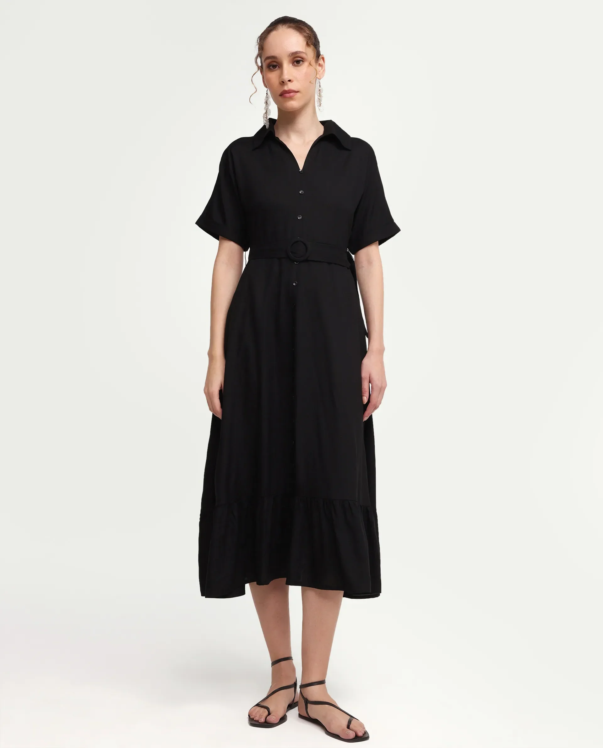 Rareism Women's Elate Black Viscose Half Sleeve A-Line Plain Dress - Image 3