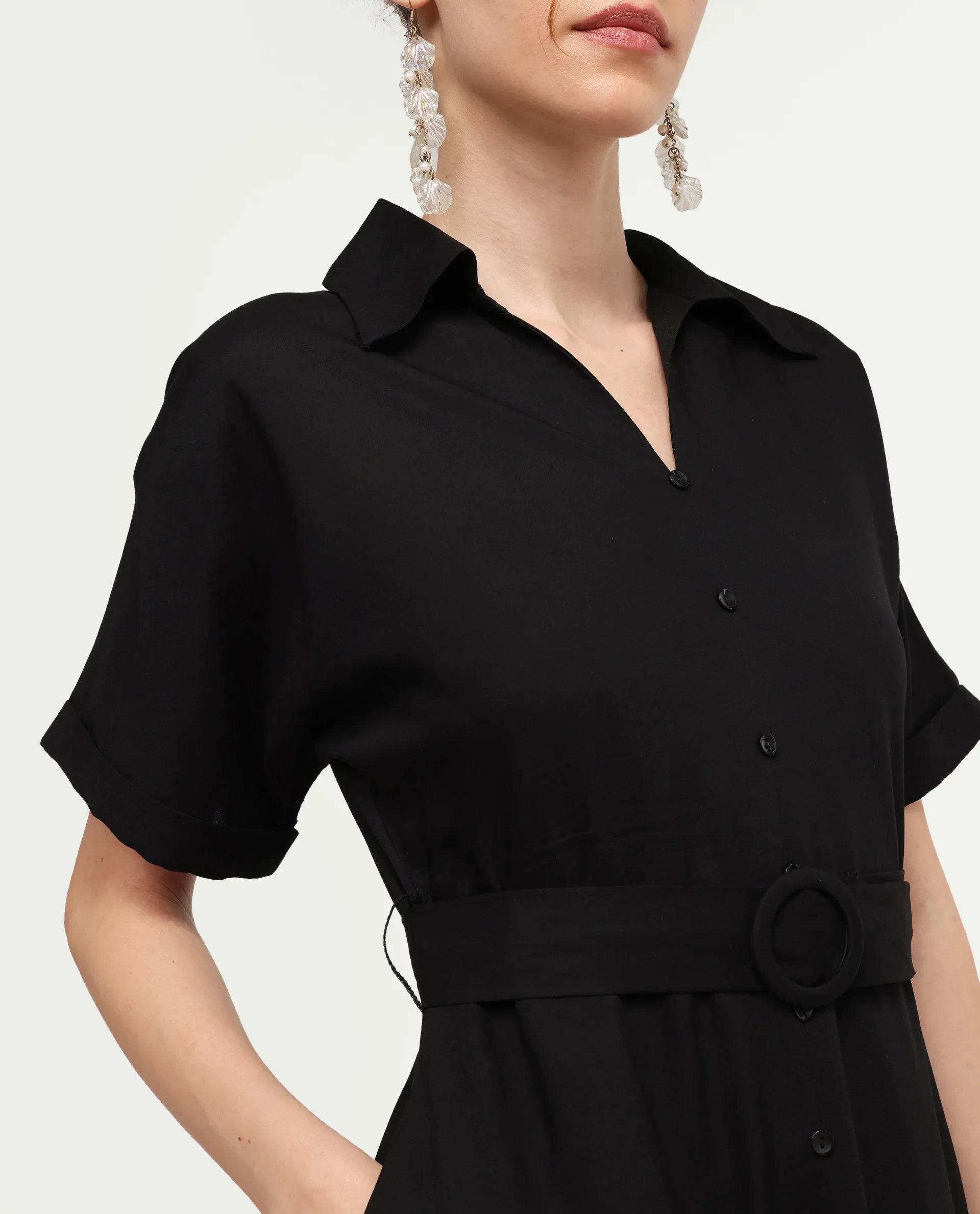 Rareism Women's Elate Black Viscose Half Sleeve A-Line Plain Dress - Image 4