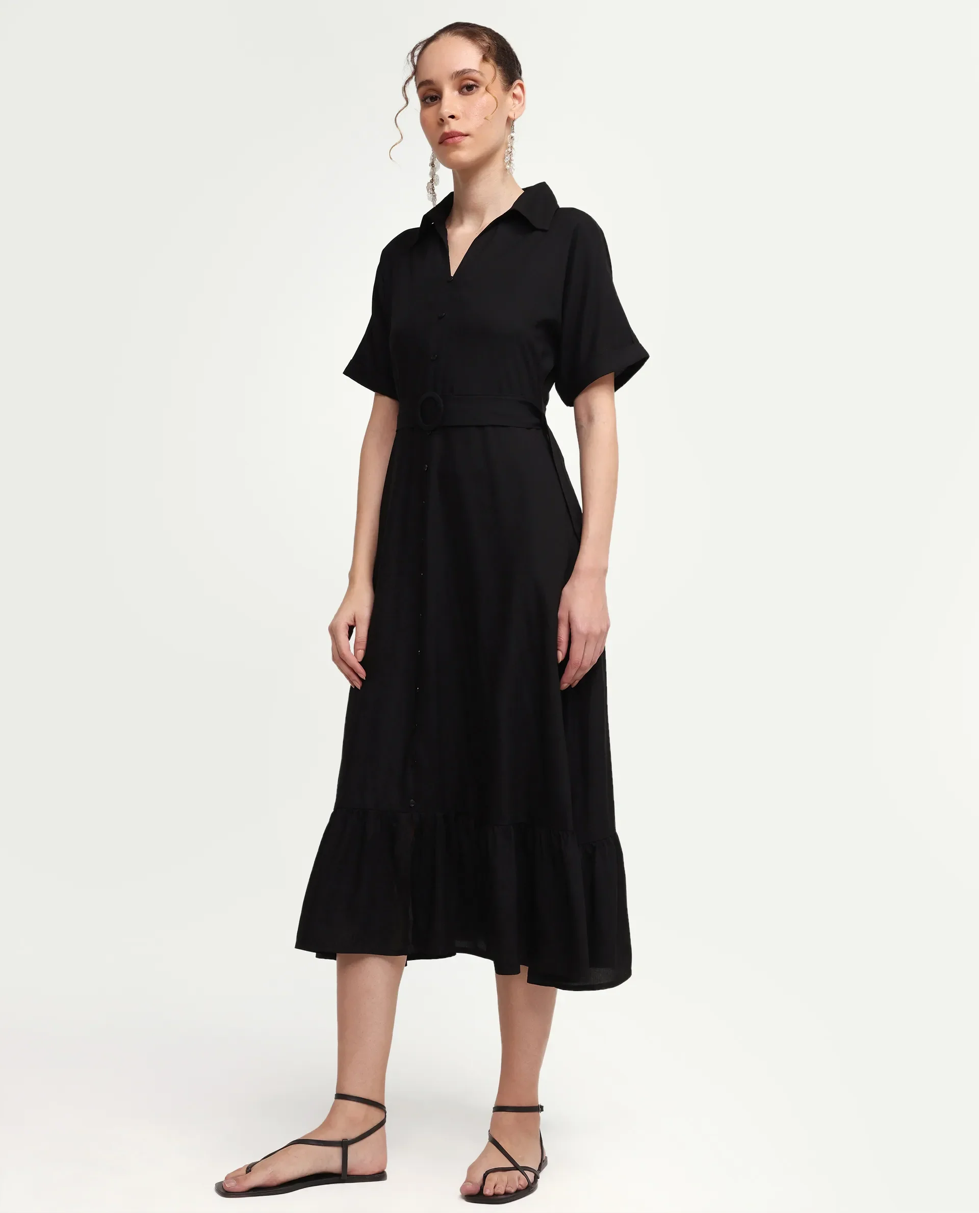 Rareism Women's Elate Black Viscose Half Sleeve A-Line Plain Dress - Image 5